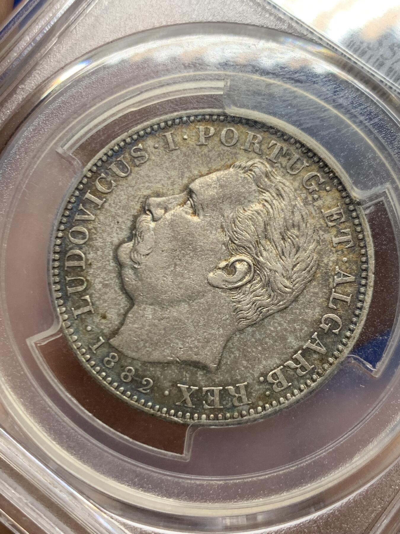 《竞宝斋》第466场 周日，周一 2场连拍 （全场包邮）欢迎送拍 PCGS AU55 葡属印度1882年果阿1卢比银币，非常见英属卢比，双面彩包浆