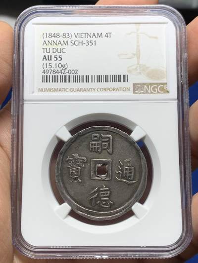 《竞宝斋》第466场 周日，周一 2场连拍 （全场包邮）欢迎送拍 - NGC AU55 安南1848年嗣德使民富寿四钱大银币 深打酱色原味老彩 搭配青绿油墨色包浆 4T大规格比2T要少很多 字体舒展清晰 经典品种 值得收藏级别的状态