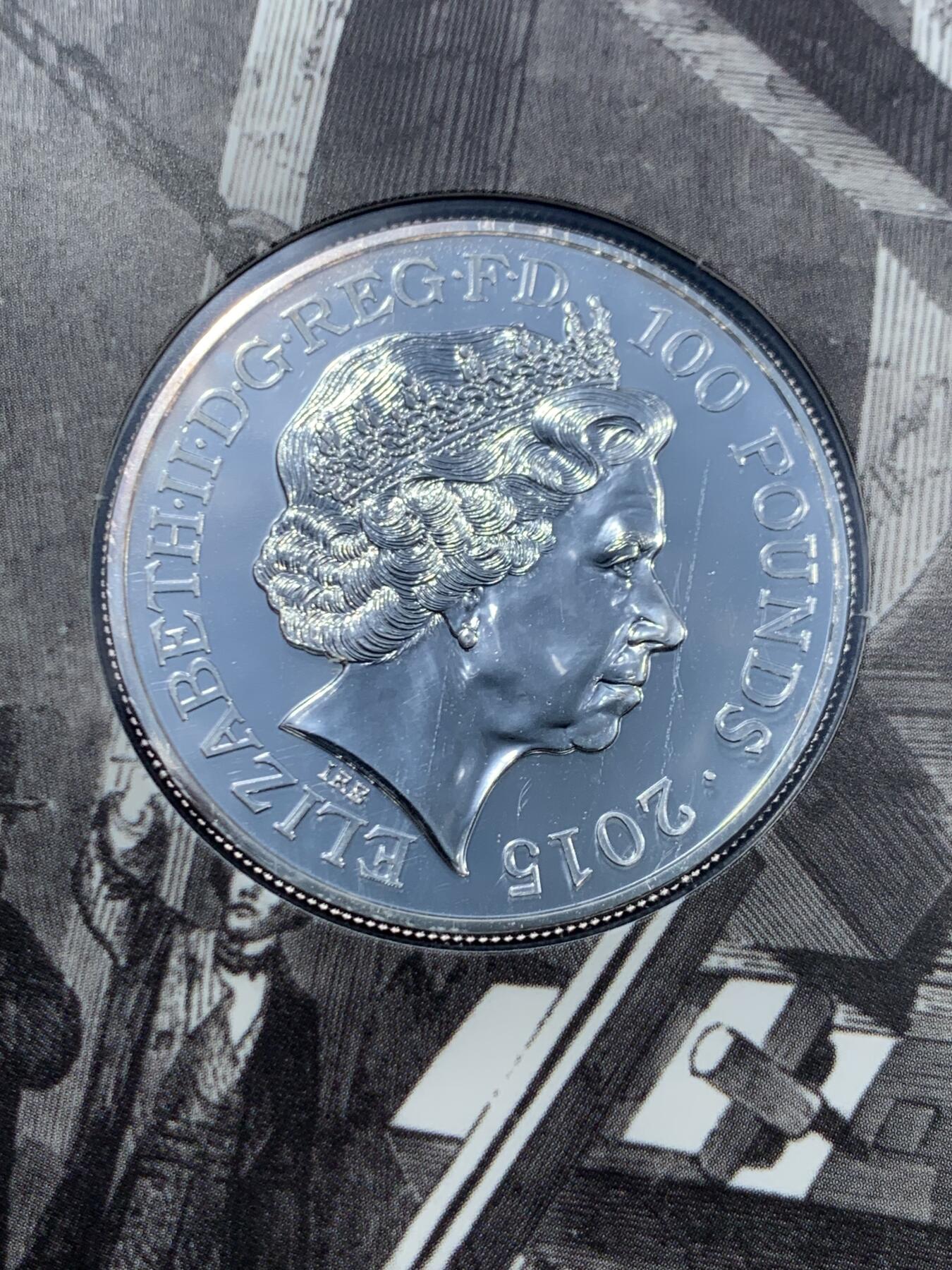 《竞宝斋》第466场 周日，周一 2场连拍 （全场包邮）欢迎送拍 英国2015年大笨钟100英镑银币，2盎司，999银，卡装