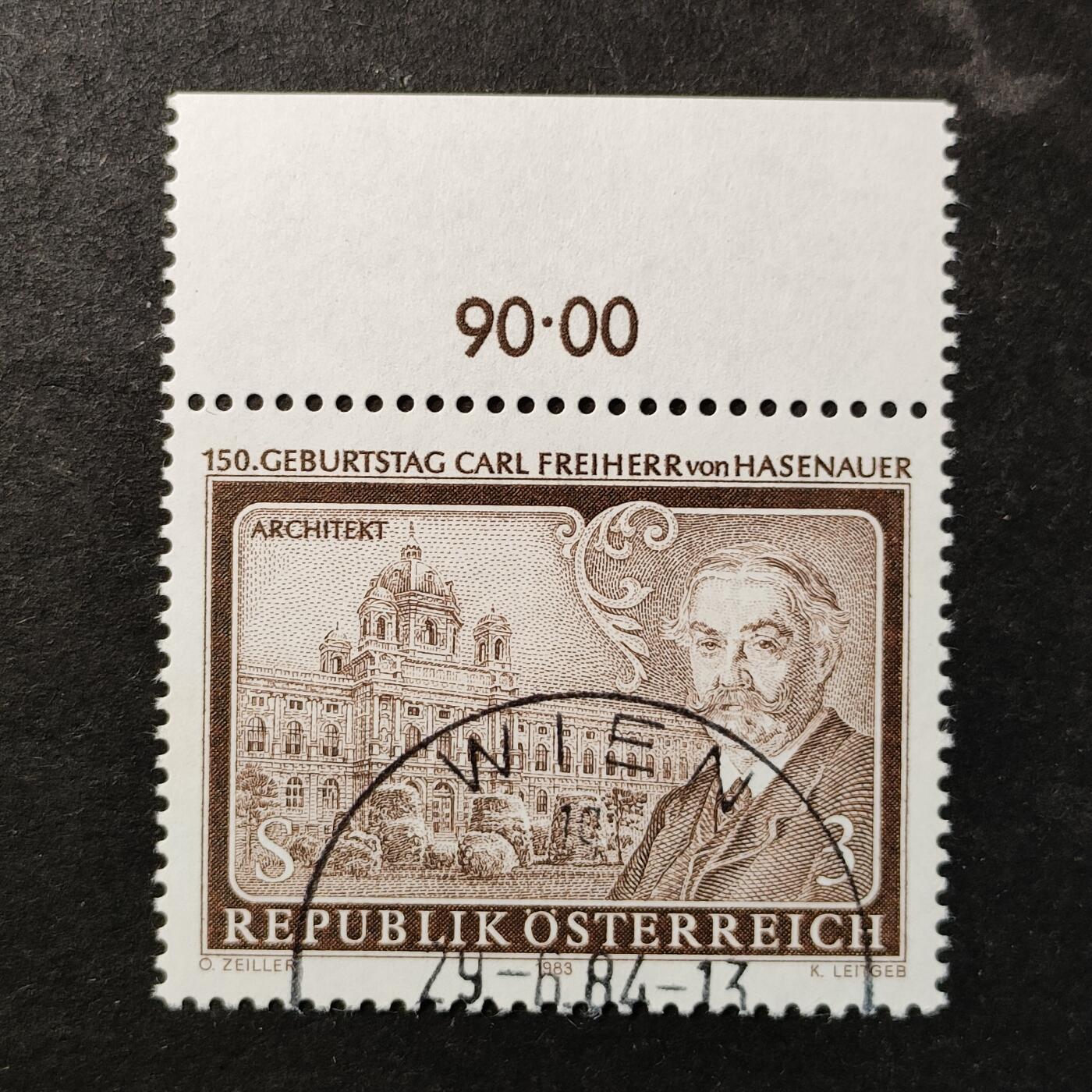 ↓君缘收藏751期☞钱币邮品↓无佣金、可寄存、满30元包邮  奥地利邮票，1983年建筑师卡尔·哈泽瑙尔男爵诞辰150周年·维也纳自然历史博物馆建筑雕刻版1全