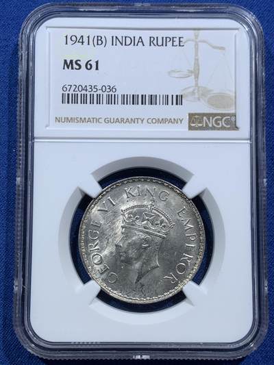 《竞宝斋》第466场 周日，周一 2场连拍 （全场包邮）欢迎送拍 - NGC MS61 英属印度1941年乔治六世1卢比银币
