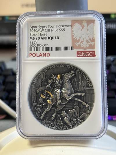 第192期拍卖 - 纽埃2020年天启黑马骑士镀金纪念银币NGC-MS70特殊标，999银，发行500枚
