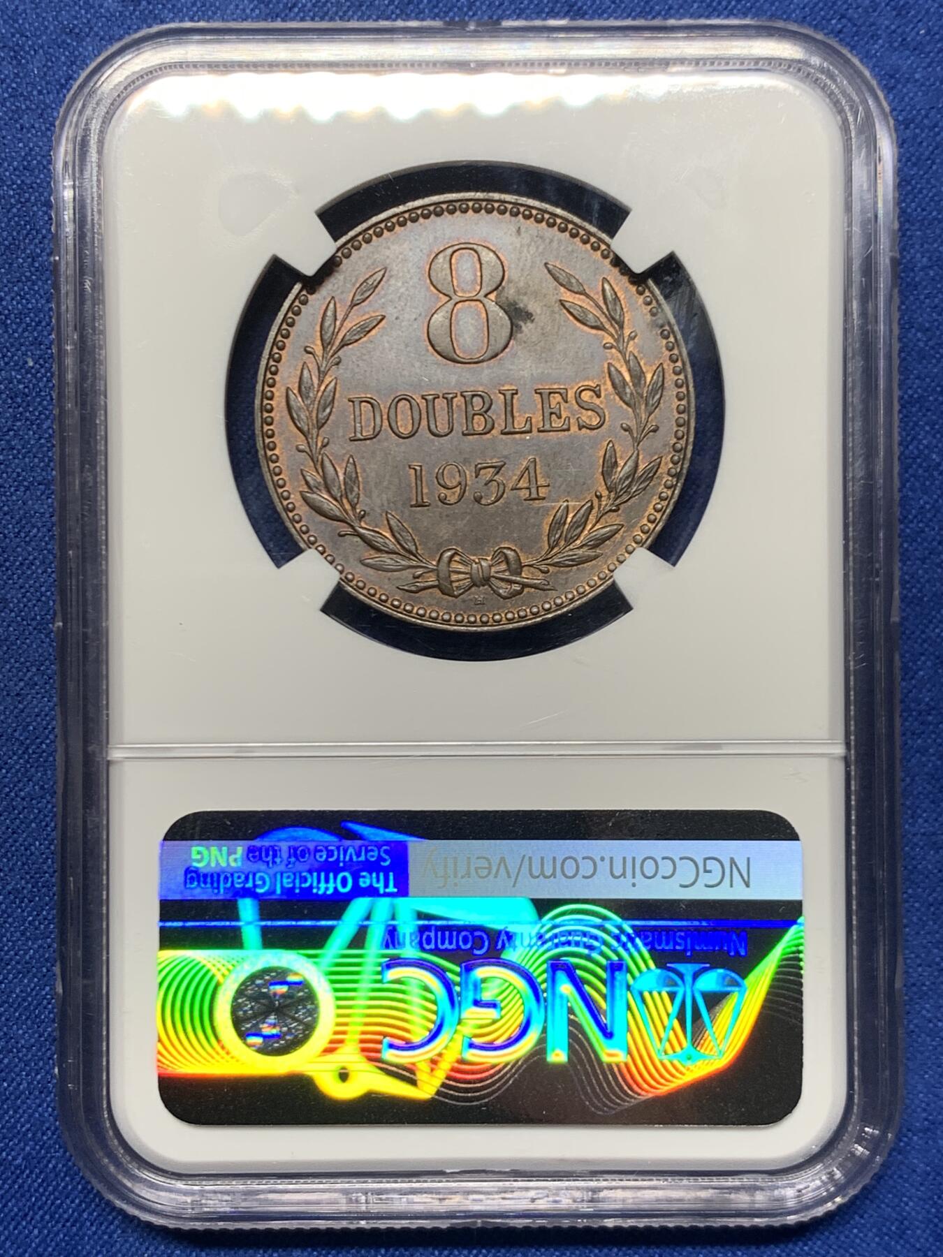 《竞宝斋》第466场 周日，周一 2场连拍 （全场包邮）欢迎送拍 NGC MS62BN 英属根西岛1934年乔治五世八道布 铜光还不错 很漂亮的品相