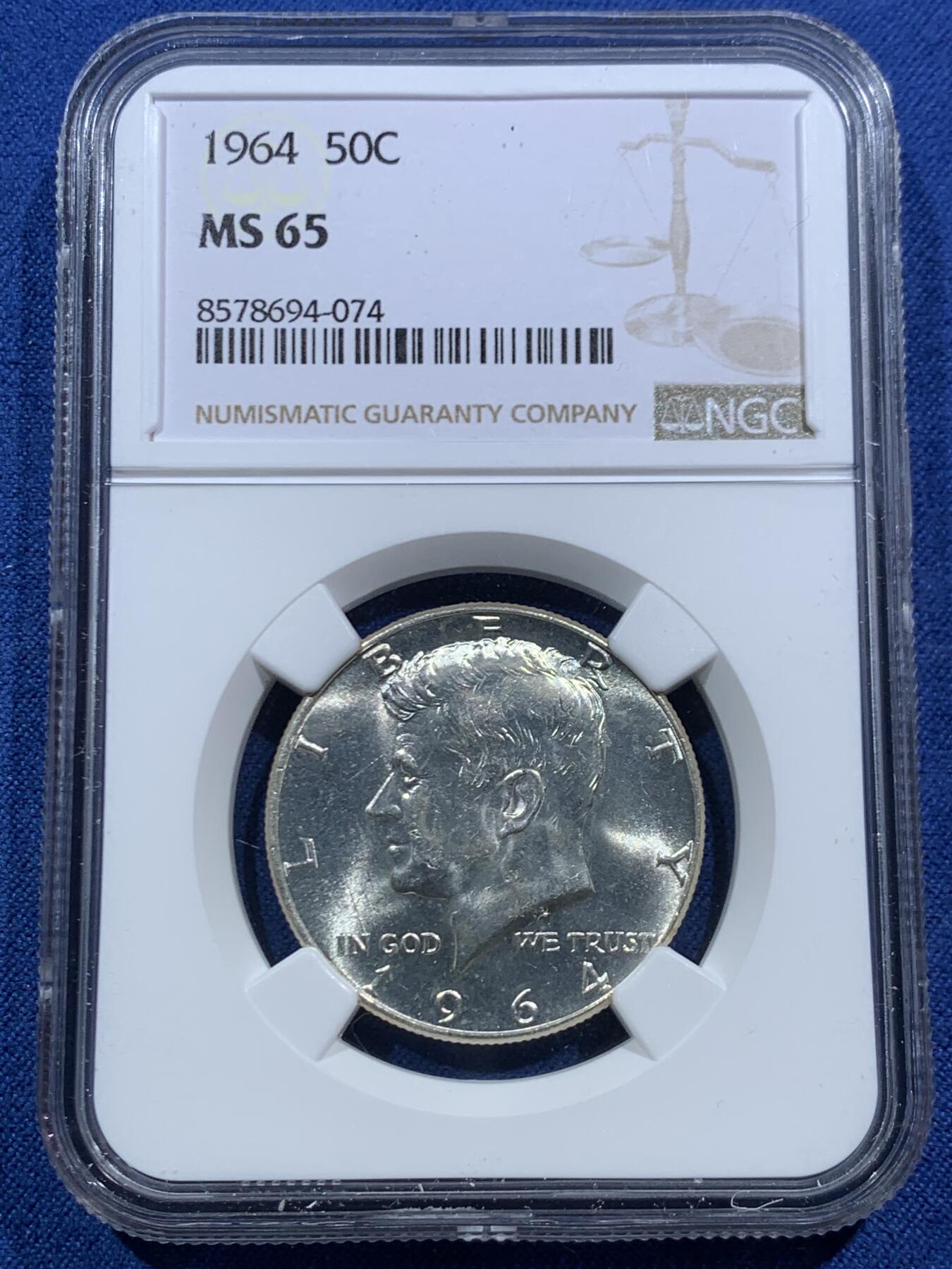 《竞宝斋》第466场 周日，周一 2场连拍 （全场包邮）欢迎送拍 NGC MS65 美国1964年肯尼迪50分高银银币 状态漂亮