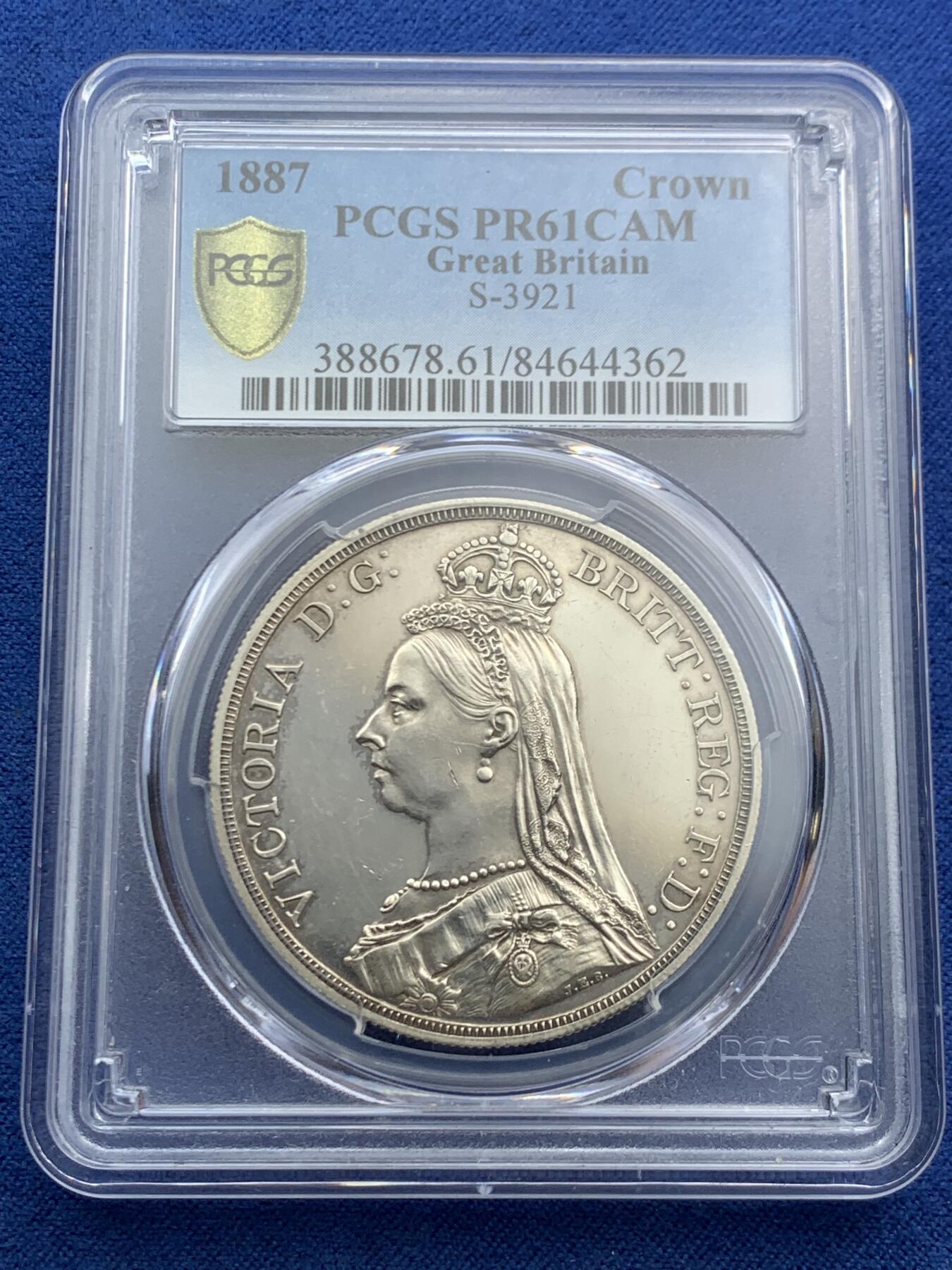 《竞宝斋》第466场 周日，周一 2场连拍 （全场包邮）欢迎送拍 PCGS PR61CAM 英国 1887年 精制高冠马剑克朗 银币 发行量1000的经典大热品种 CAM难得 HA一月份N盒同分61CAM拍卖成交价2684刀（Auction61586,Lot23204)