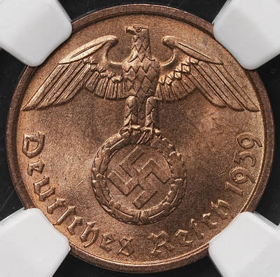修遠堂世界钱币第106期，请看参拍说明 - NGC MS65RB 1939年德国2芬尼铜币 D厂铭
