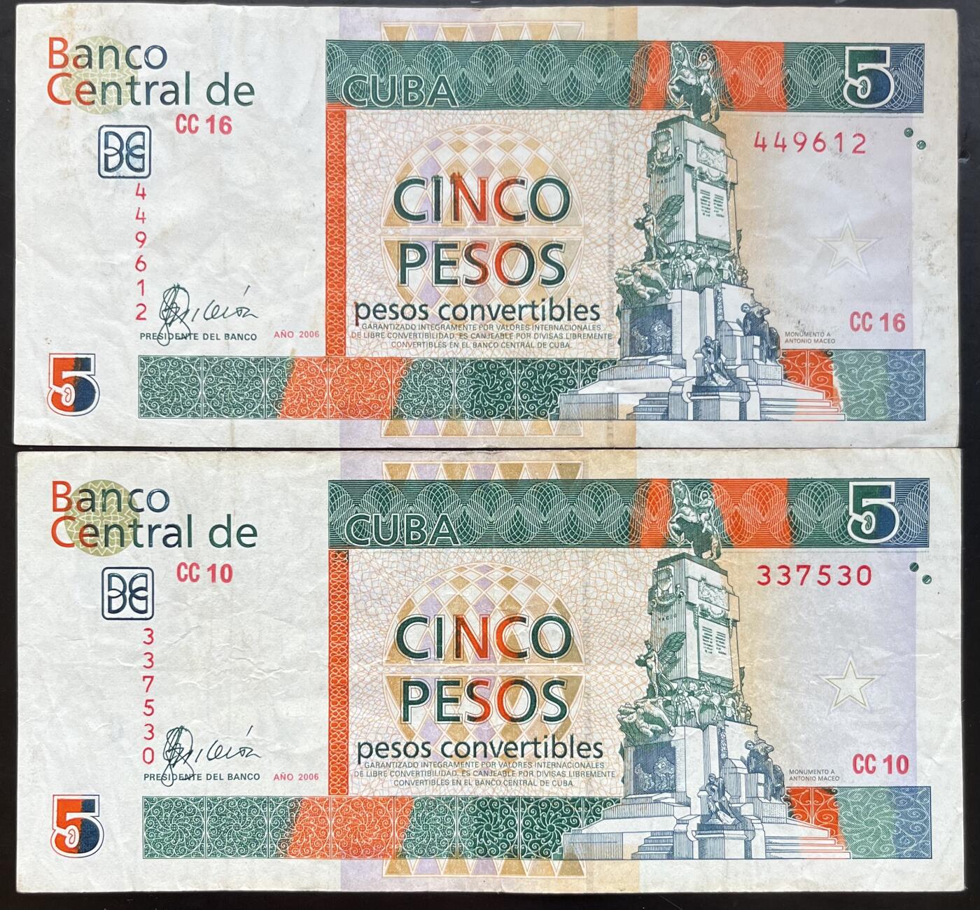 小福收藏拍卖第201期 流通品相裸钞 特惠场 本场拍卖美洲大洋洲非洲亚洲纸币【佣金仅收2% 不设最低佣金 全场包邮】 古巴 2006年 5比索 外汇券 首年份 1组2张 