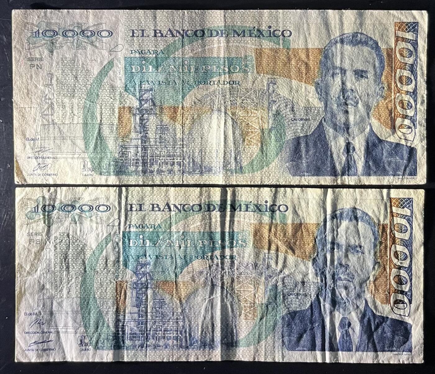 小福收藏拍卖第201期 流通品相裸钞 特惠场 本场拍卖美洲大洋洲非洲亚洲纸币【佣金仅收2% 不设最低佣金 全场包邮】 墨西哥 1989+1991年 10000比索 1组2张 