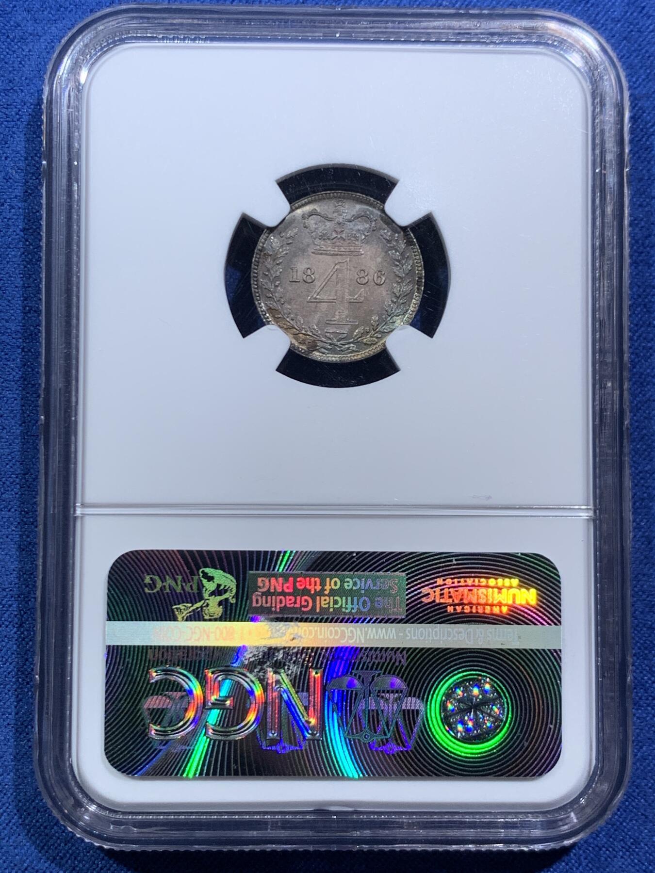 《竞宝斋》第466场 周日，周一 2场连拍 （全场包邮）欢迎送拍 NGC MS64-67 英国1886年小维濯足币1-4便士一套 原盒开出 评级连号 绒盒五彩包浆 状态极好 其中4便士为冠军分 难得