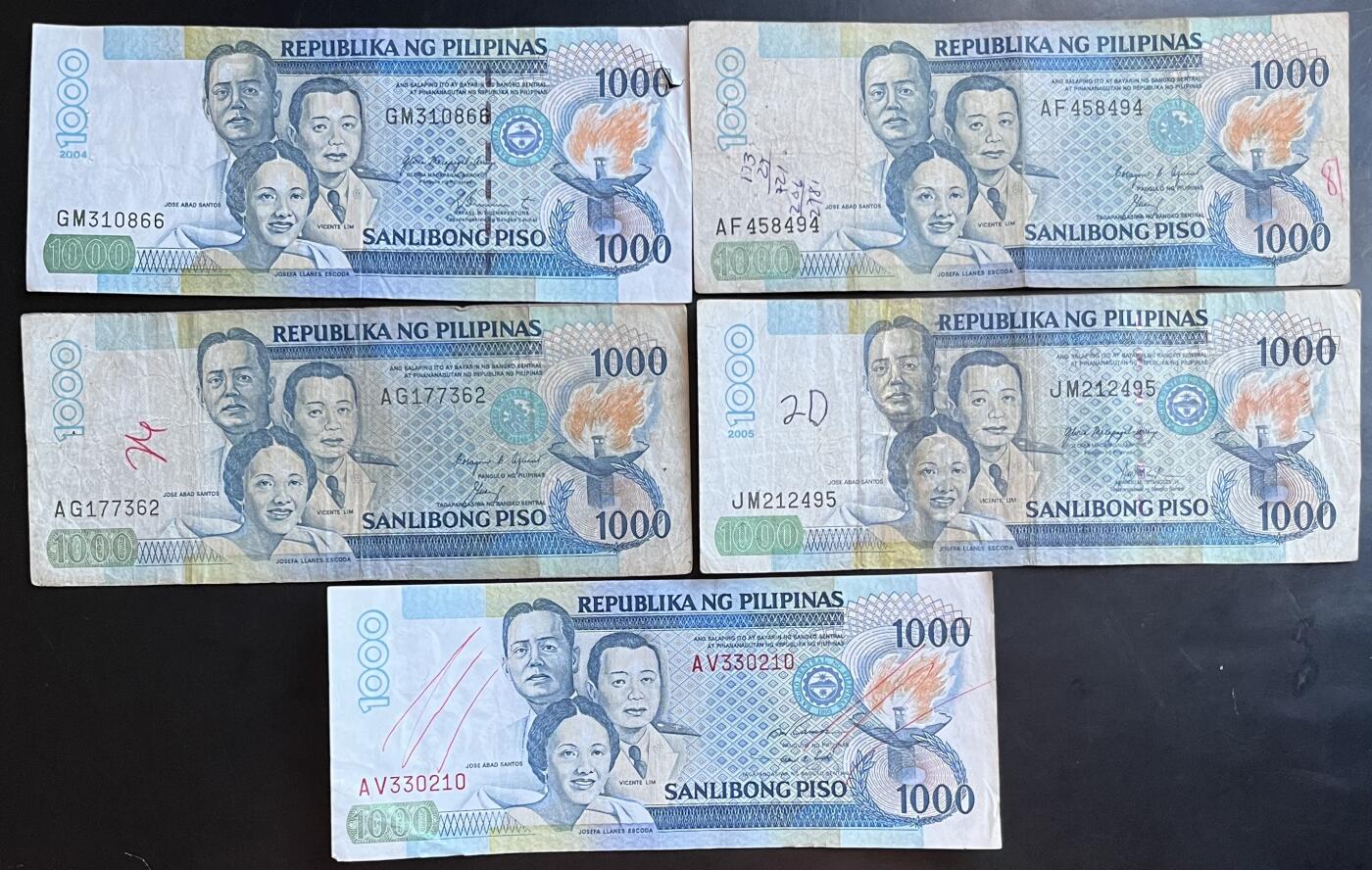 小福收藏拍卖第201期 流通品相裸钞 特惠场 本场拍卖美洲大洋洲非洲亚洲纸币【佣金仅收2% 不设最低佣金 全场包邮】 菲律宾 1000比索 1组5张 