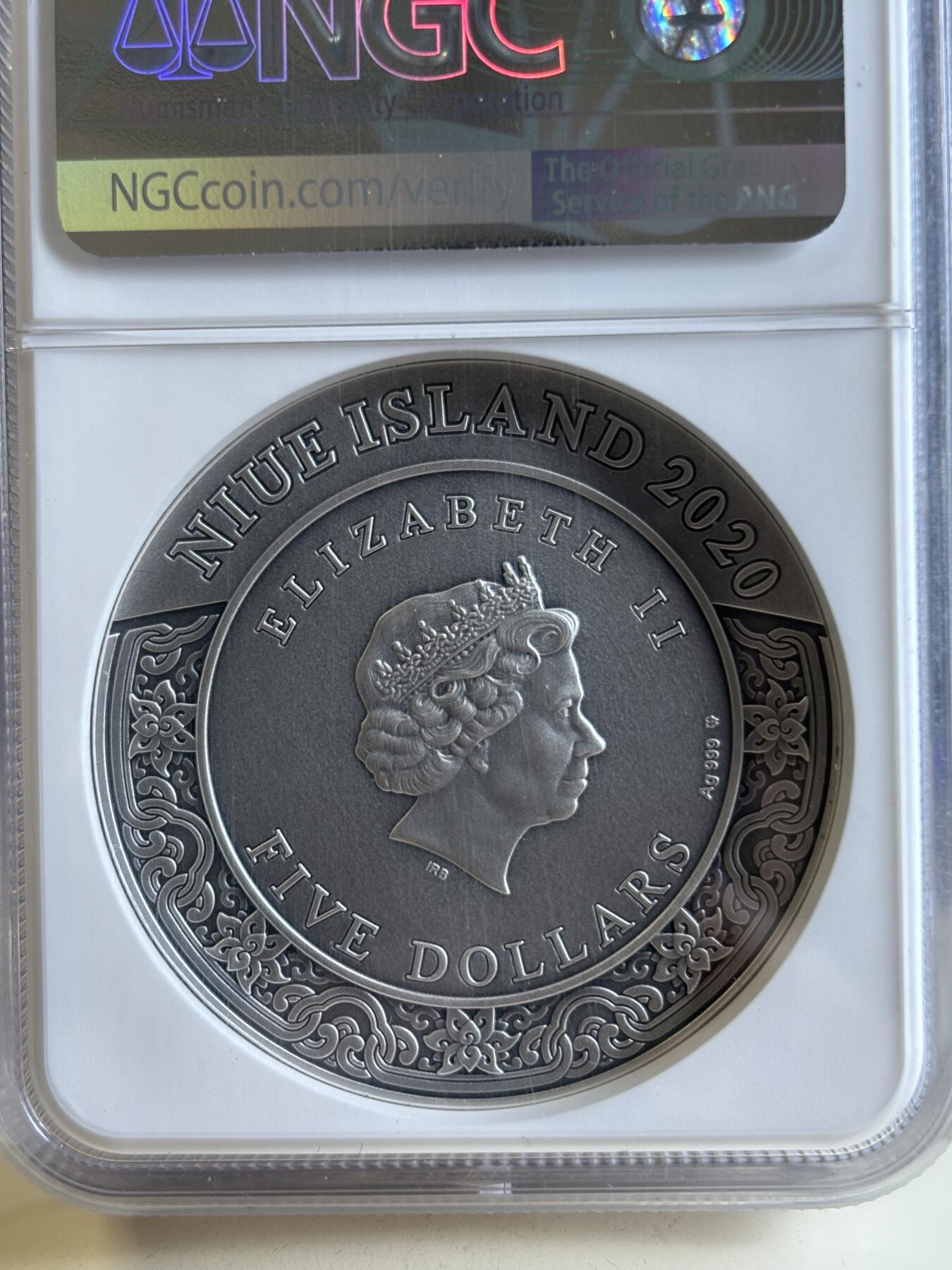 第192期拍卖 纽埃2020年多闻天王2盎司高浮雕银币NGC-MS70首，999银，发行555枚