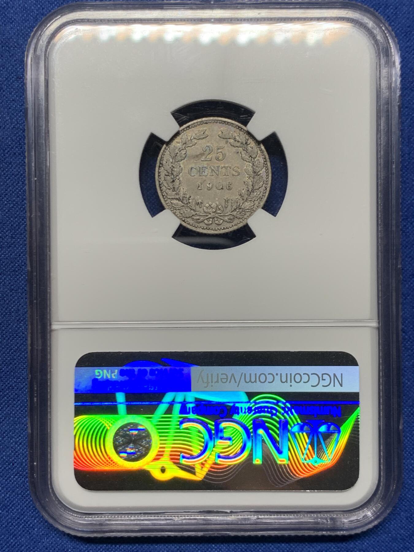 《竞宝斋》第466场 周日，周一 2场连拍 （全场包邮）欢迎送拍 NGC XFD 1906年荷兰25分银币 威廉明娜很经典的青年形象