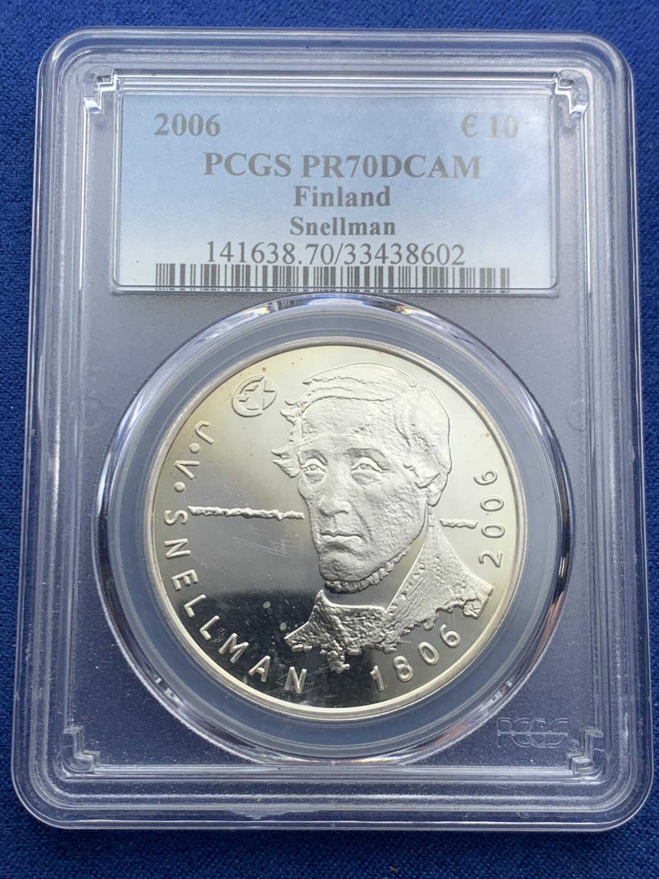 《竞宝斋》第466场 周日，周一 2场连拍 （全场包邮）欢迎送拍 PCGS PR70DCAM 芬兰2006年斯内尔曼诞辰200周年镜面高浮雕10欧元精制银币，（芬兰著名的哲学家、政治家和民族启蒙运动的领袖），25.5克，925银，PCGS冠军分。