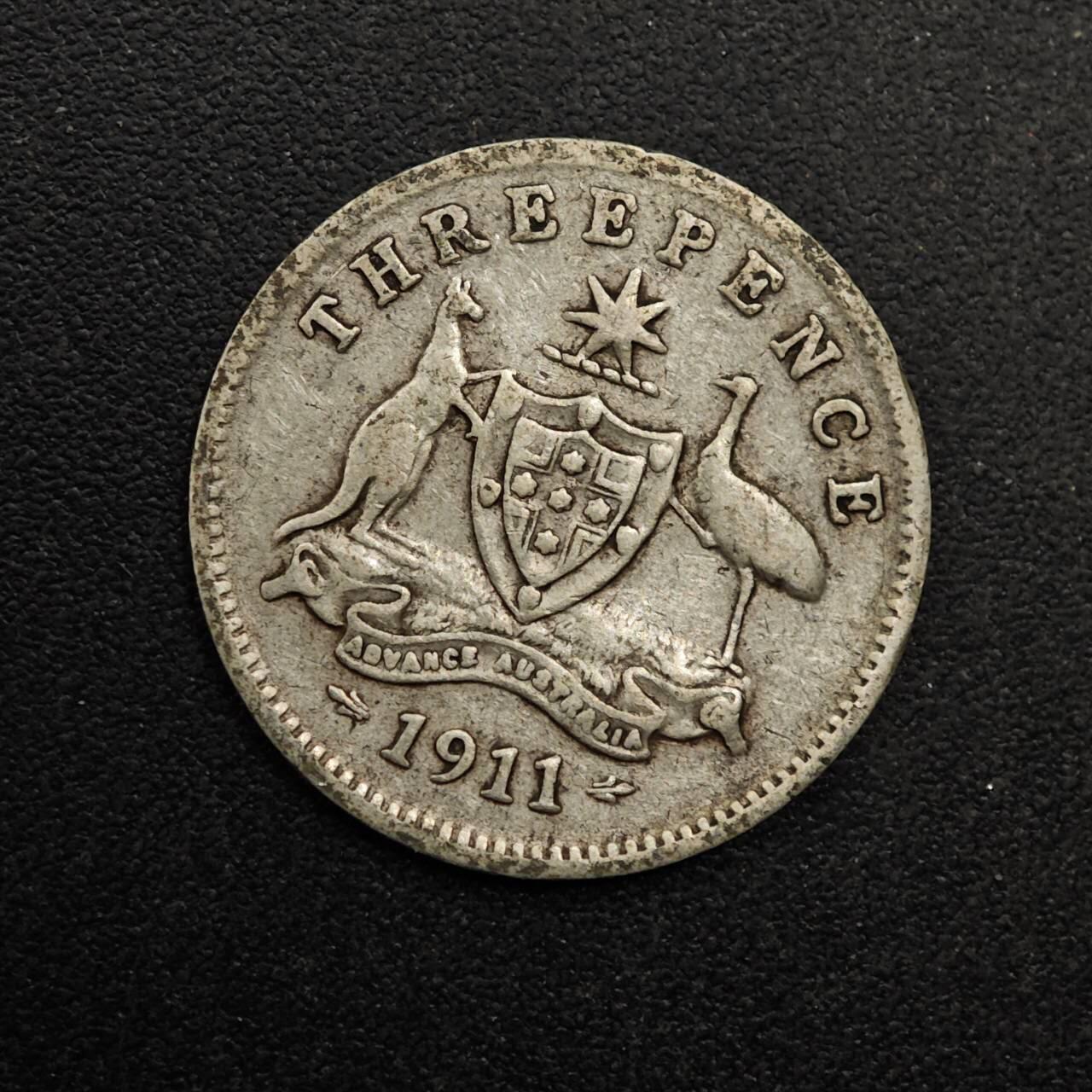 【淘币小摊】实时拍第八百七十四拍   银币散币场    每周一统一发货 澳大利亚1911年乔治五世3便士银币