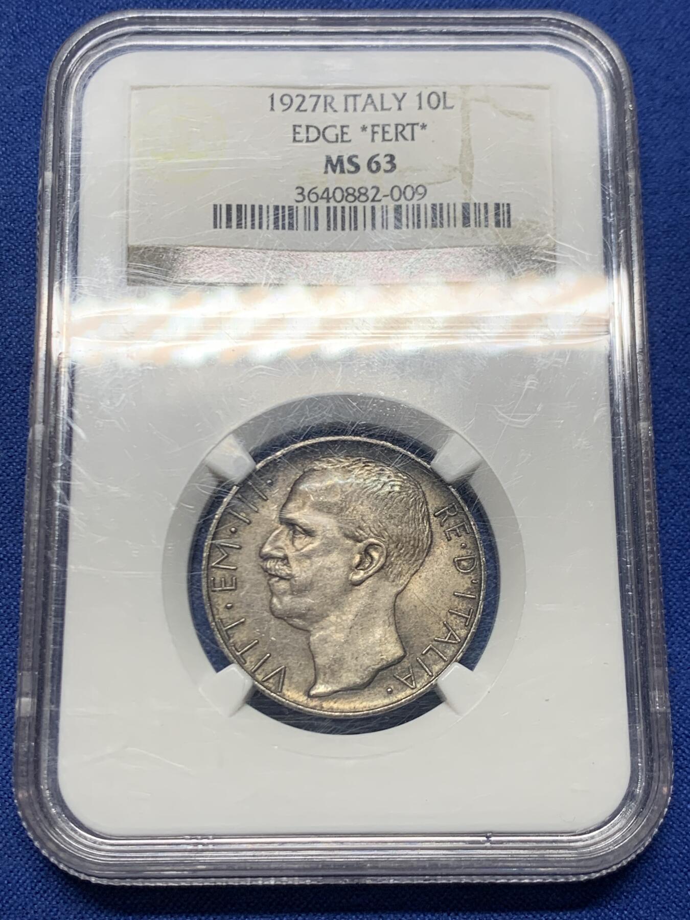 《竞宝斋》第466场 周日，周一 2场连拍 （全场包邮）欢迎送拍 NGC MS63 意大利1927年马车10里拉银币，双面深五彩，老N盒加持。女神驾车，意系古典风格。流通充分的品种，高分实际不多，60分克劳斯目录价230美金