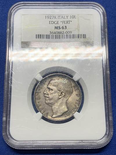 《竞宝斋》第466场 周日，周一 2场连拍 （全场包邮）欢迎送拍 - NGC MS63 意大利1927年马车10里拉银币，双面深五彩，老N盒加持。女神驾车，意系古典风格。流通充分的品种，高分实际不多，60分克劳斯目录价230美金