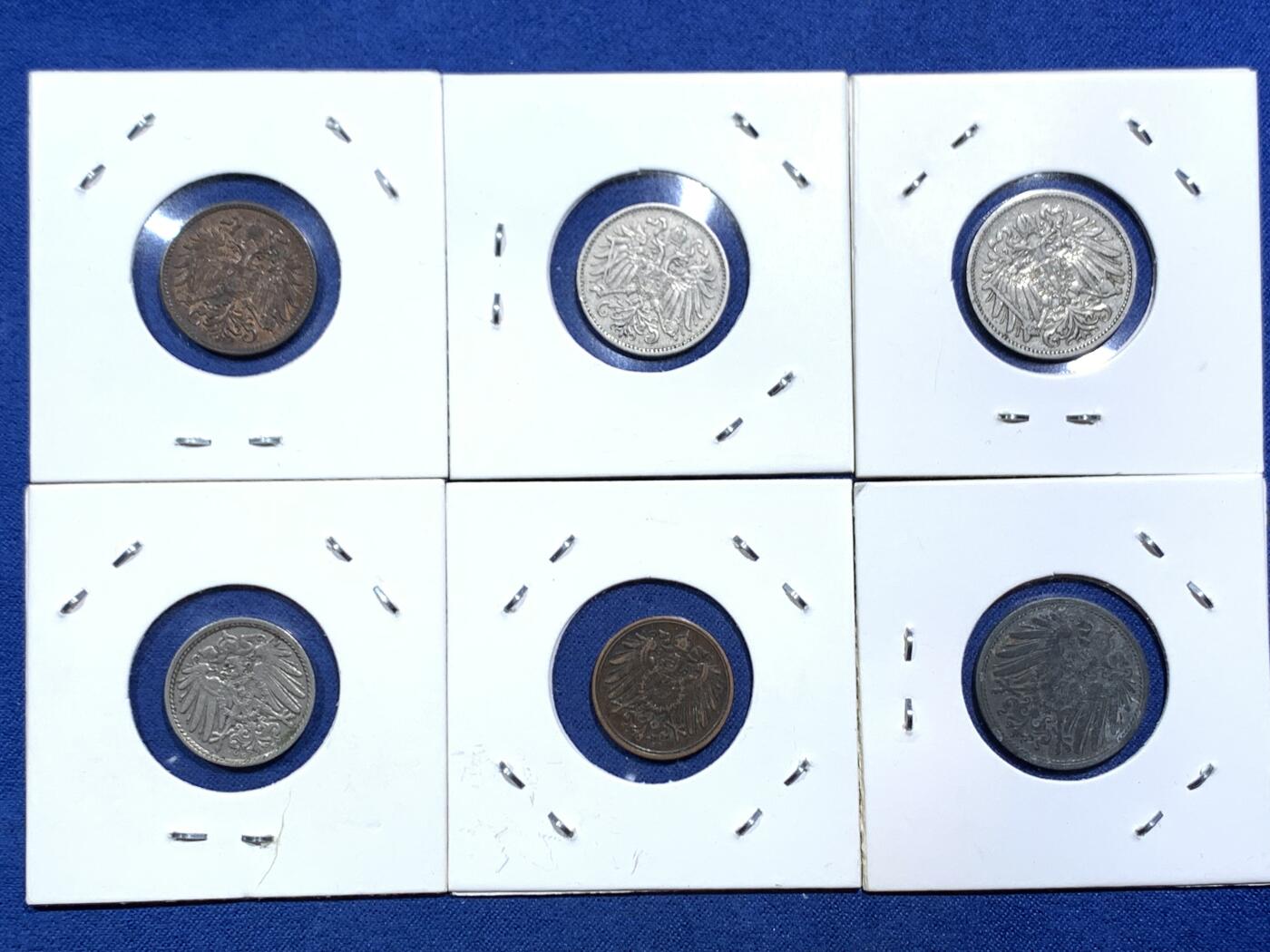 《竞宝斋》第466场 周日，周一 2场连拍 （全场包邮）欢迎送拍 六枚一组 奥匈帝国赫勒和德二芬尼辅币各3枚