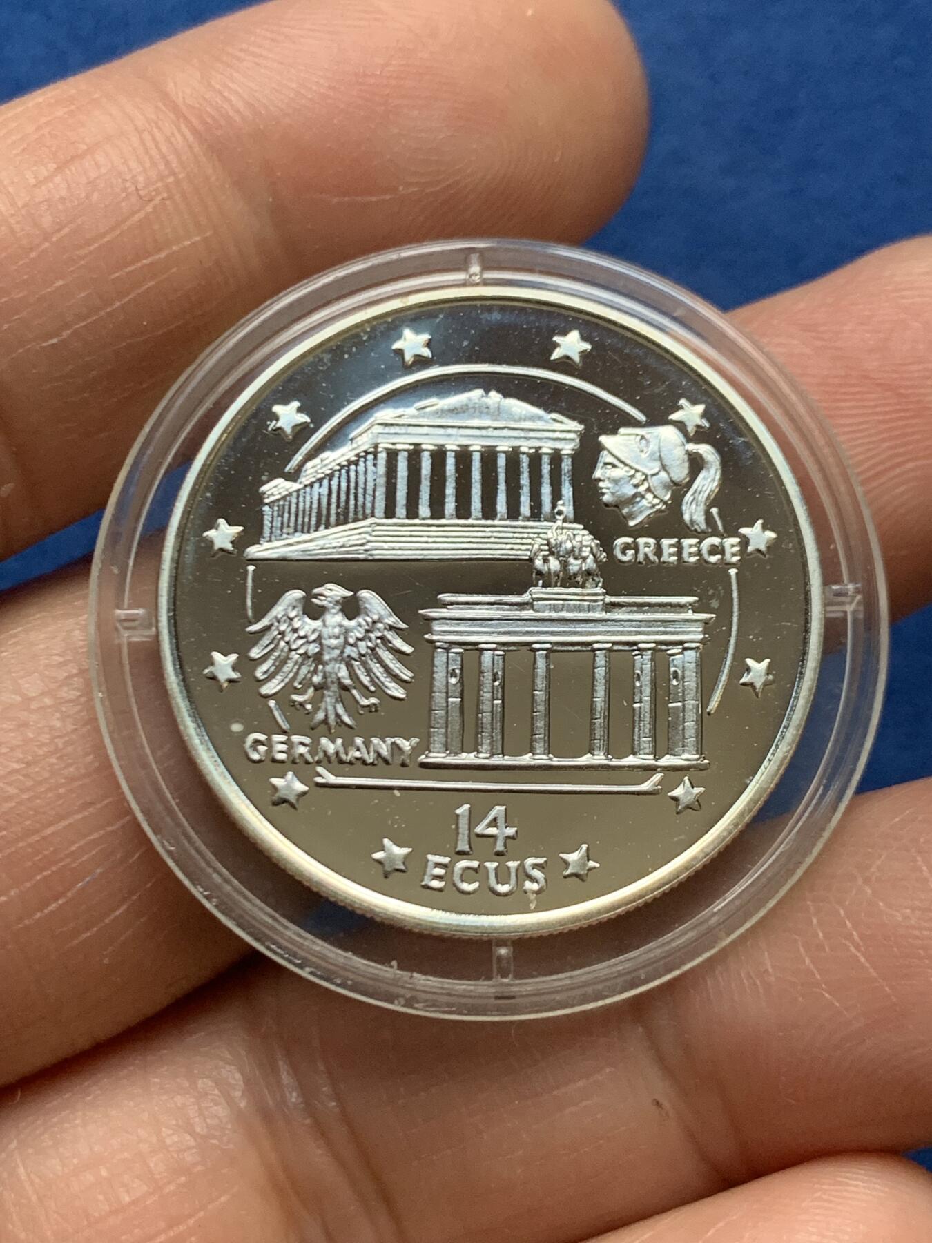 《竞宝斋》第466场 周日，周一 2场连拍 （全场包邮）欢迎送拍 直布罗陀1994年希腊与德国接任欧盟理事会轮值主席国银币 925银 10.2g