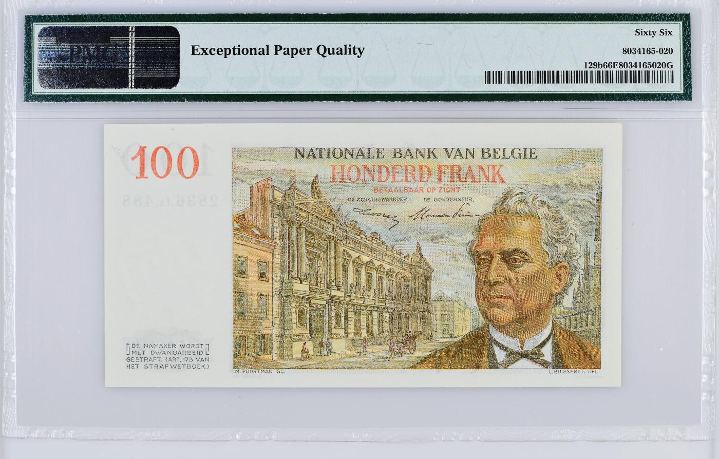【Blue Auction】世界纸币精拍第789期——18级TOP拍卖/信誉/品质/专业/高效💫 【亚军分】比利时 1953年100法郎 PMG66EPQ 老壳 