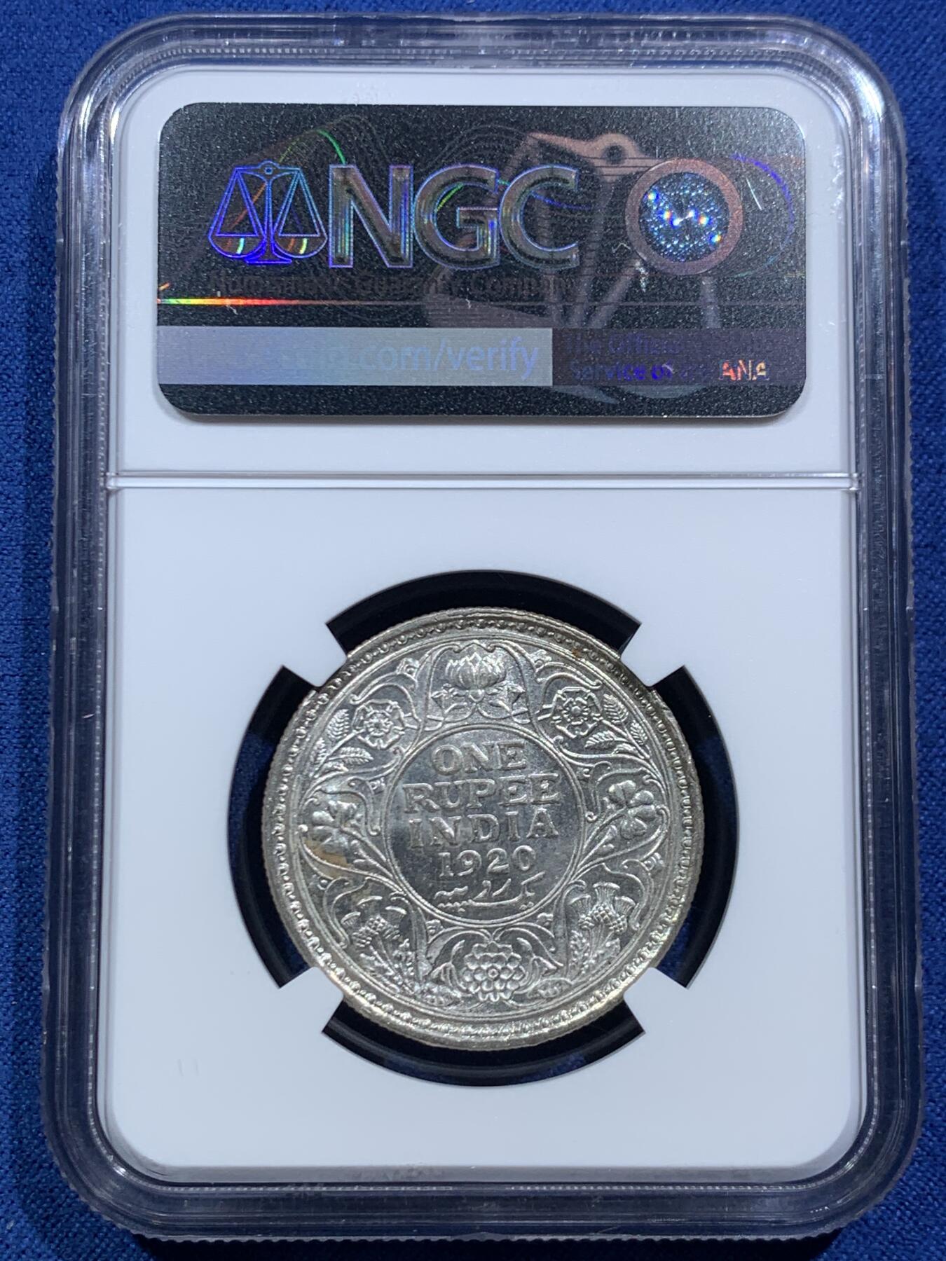 《竞宝斋》第466场 周日，周一 2场连拍 （全场包邮）欢迎送拍 NGC MS62 英属印度1920年乔治五世1卢比银币