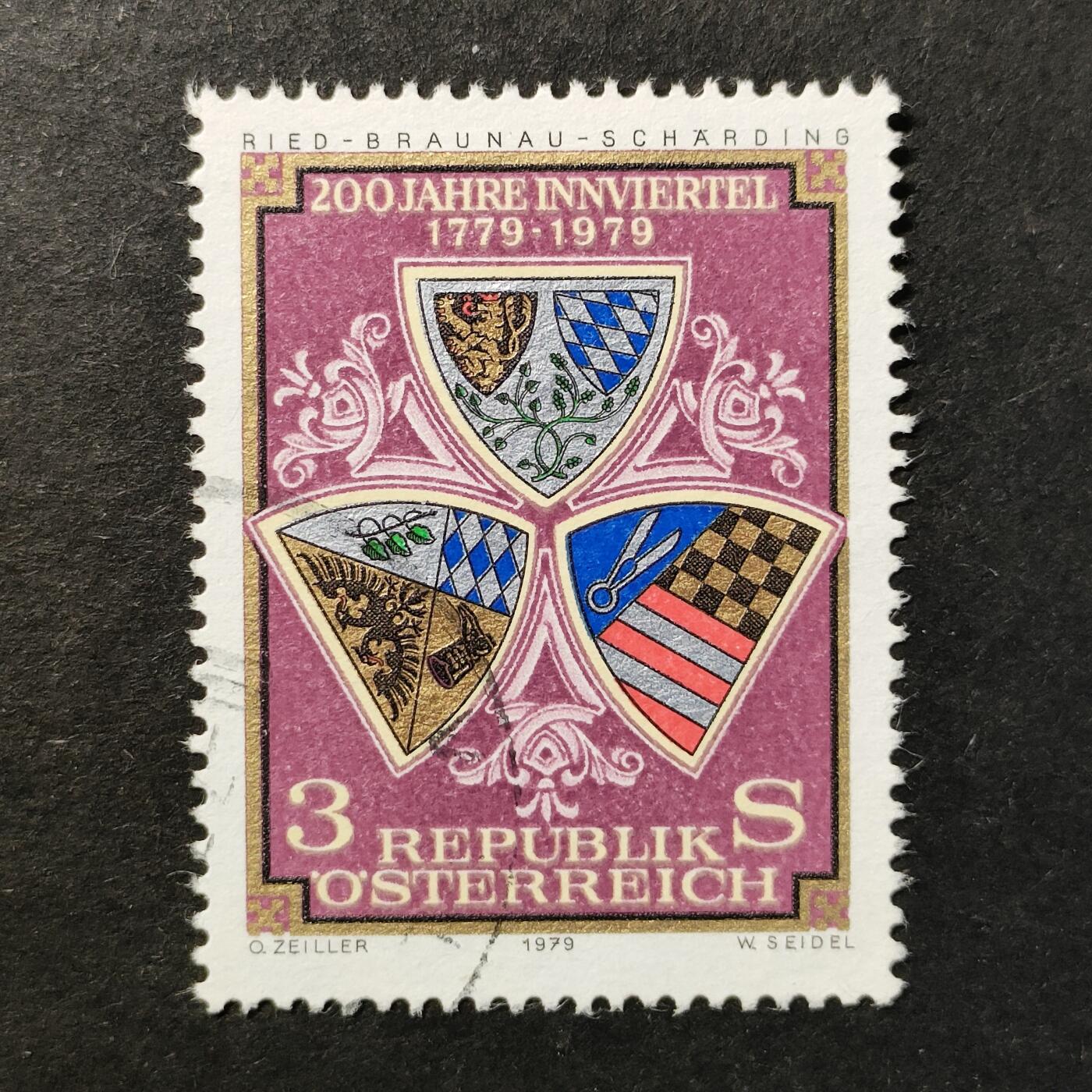 ↓君缘收藏751期☞钱币邮品↓无佣金、可寄存、满30元包邮  奥地利邮票，1979年因河地区200周年:因克赖斯地区里德、因河畔布劳瑙及沙尔丁的市徽雕刻版1全