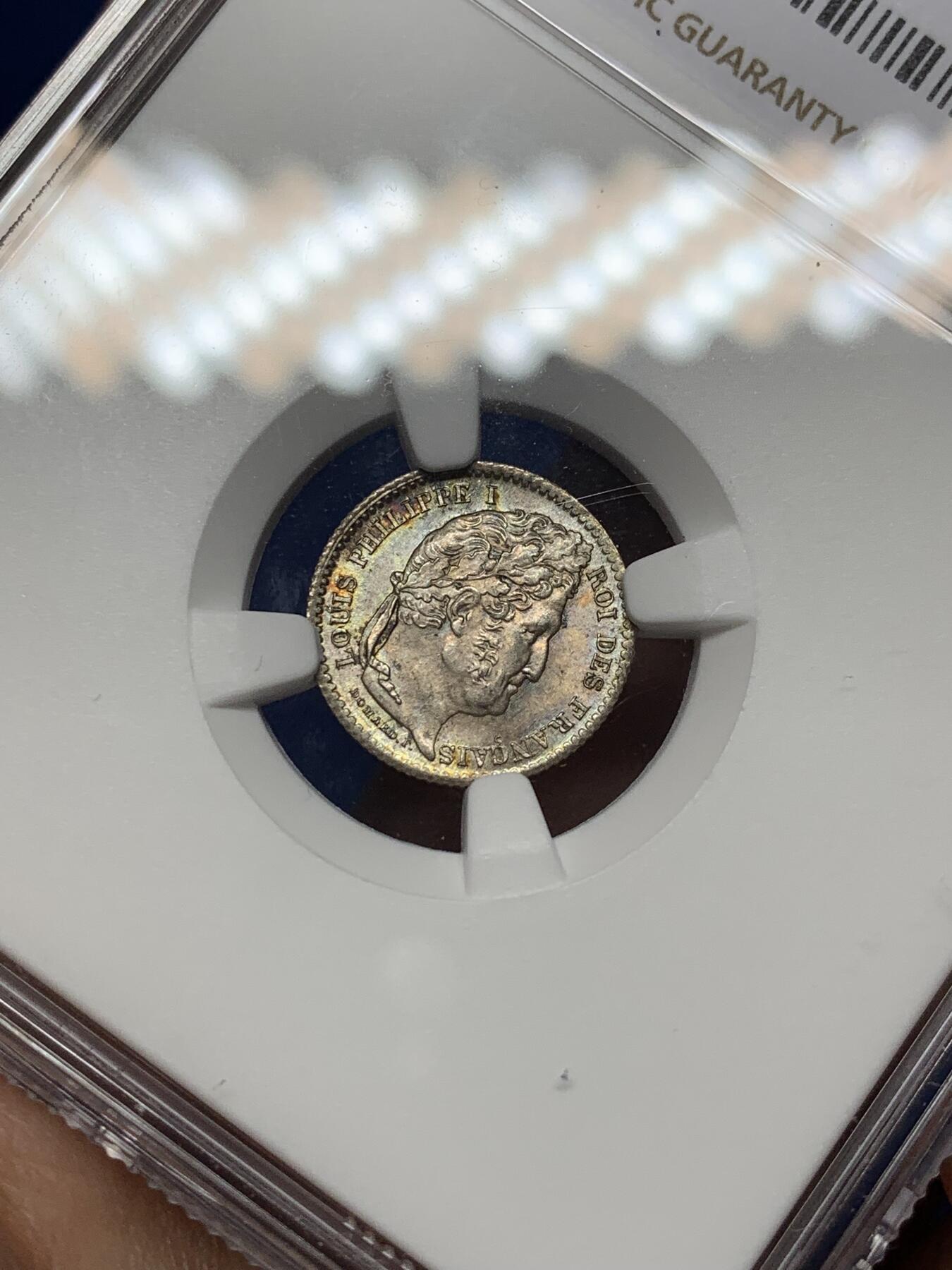 《竞宝斋》第466场 周日，周一 2场连拍 （全场包邮）欢迎送拍 NGC MS66 法国1845年菲利普斯一世25C银辅币 深五彩超高分 稀见品 亚军分数