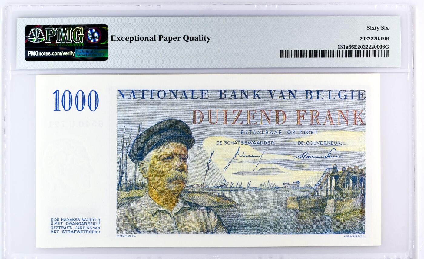 【Blue Auction】世界纸币精拍第789期——18级TOP拍卖/信誉/品质/专业/高效💫 比利时 1957年1000法郎 船长 PMG66EPQ 法属风