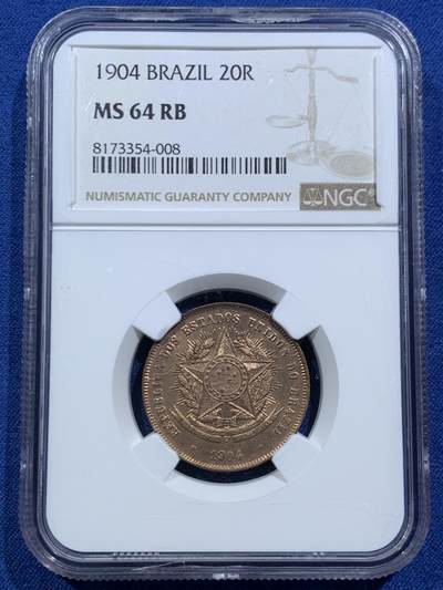 《竞宝斋》第466场 周日，周一 2场连拍 （全场包邮）欢迎送拍 - NGC MS64RB 巴西1904年20里亚尔铜币 亚军分
