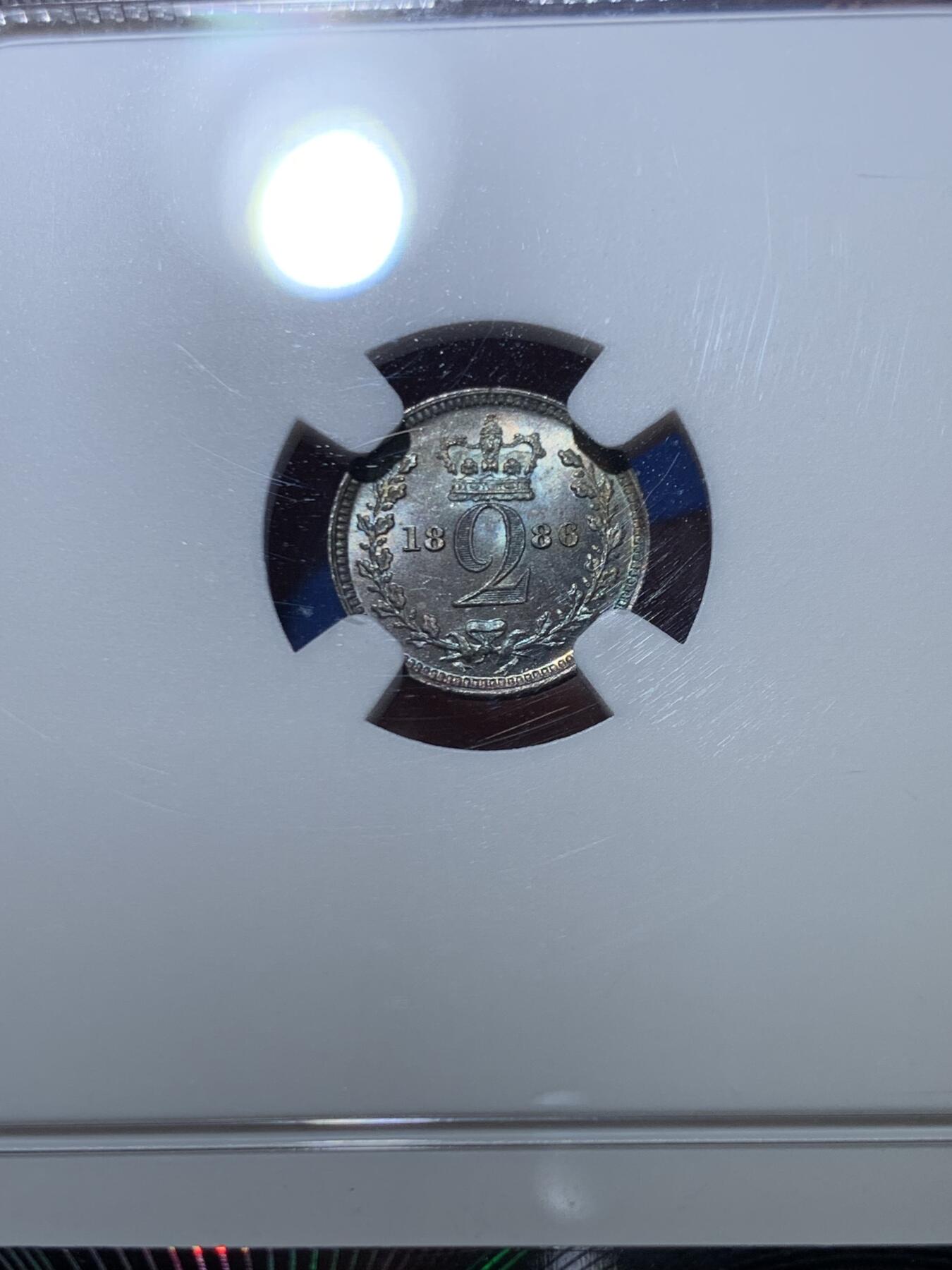 《竞宝斋》第466场 周日，周一 2场连拍 （全场包邮）欢迎送拍 NGC MS64-67 英国1886年小维濯足币1-4便士一套 原盒开出 评级连号 绒盒五彩包浆 状态极好 其中4便士为冠军分 难得