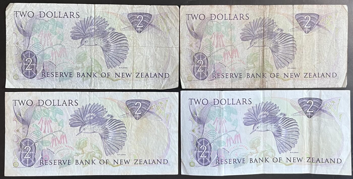 小福收藏拍卖第201期 流通品相裸钞 特惠场 本场拍卖美洲大洋洲非洲亚洲纸币【佣金仅收2% 不设最低佣金 全场包邮】 新西兰 2元 1组4张 涵盖了全部不同的三种签名 