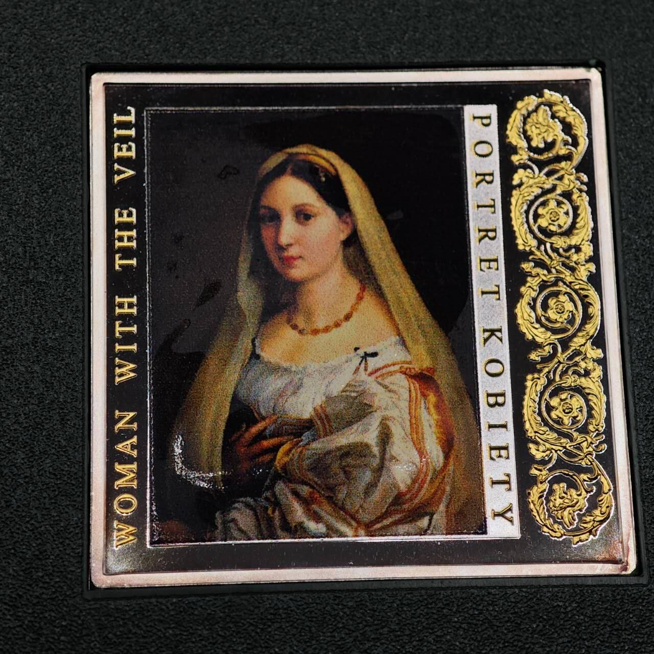 【淘币小摊】实时拍第八百七十三拍   银币套币场    每周一统一发货 纽埃2014年1元彩色部分镀金方形精制银币 文艺复兴名画系列-披纱巾的少女（拉斐尔） 28.28克999银 发行量：1999 盒证全