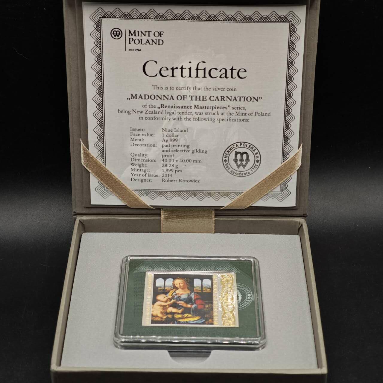 【淘币小摊】实时拍第八百七十三拍   银币套币场    每周一统一发货 纽埃2014年1元彩色部分镀金方形精制银币 文艺复兴名画系列-康乃馨的圣母（达芬奇） 28.28克999银 发行量：1999 盒证全