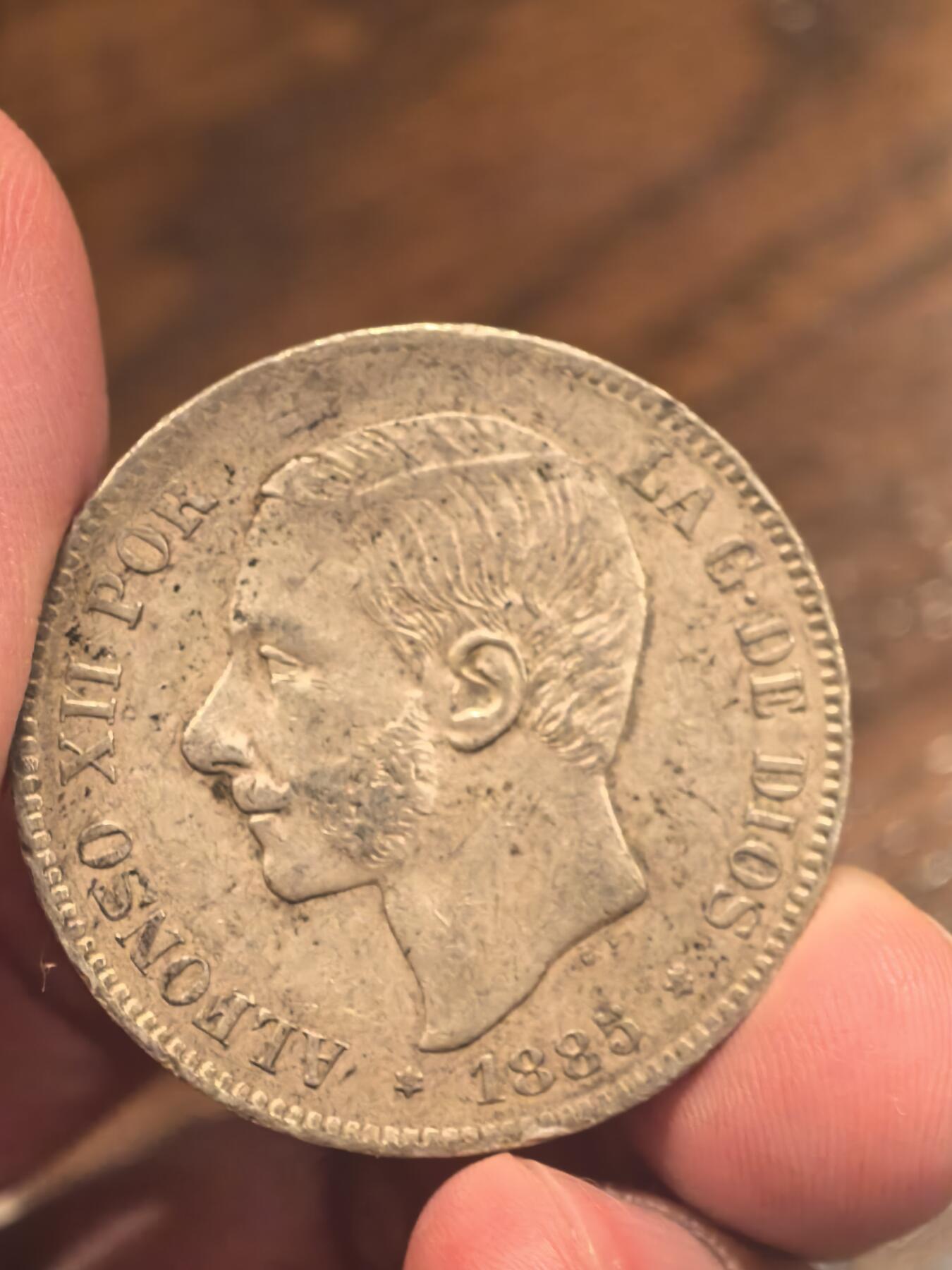 欧洲铜章和回流杂项第一场 西班牙阿方索十二世 5比塞塔银币（1885年）