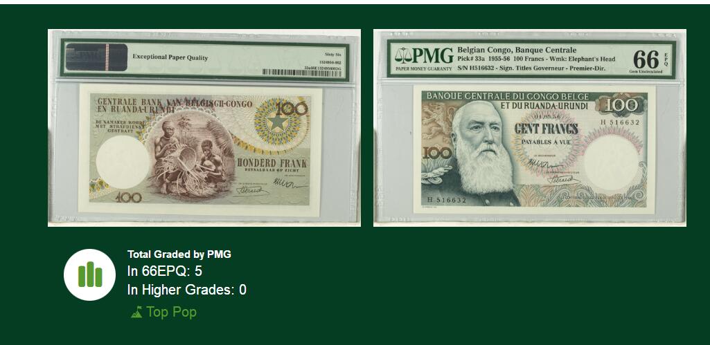 【Blue Auction】世界纸币精拍第789期——18级TOP拍卖/信誉/品质/专业/高效💫  【a版冠军分 无47】比属刚果 1956年100法郎 经典大胡子 PMG66EPQ  雕刻细腻 老壳 值得收藏