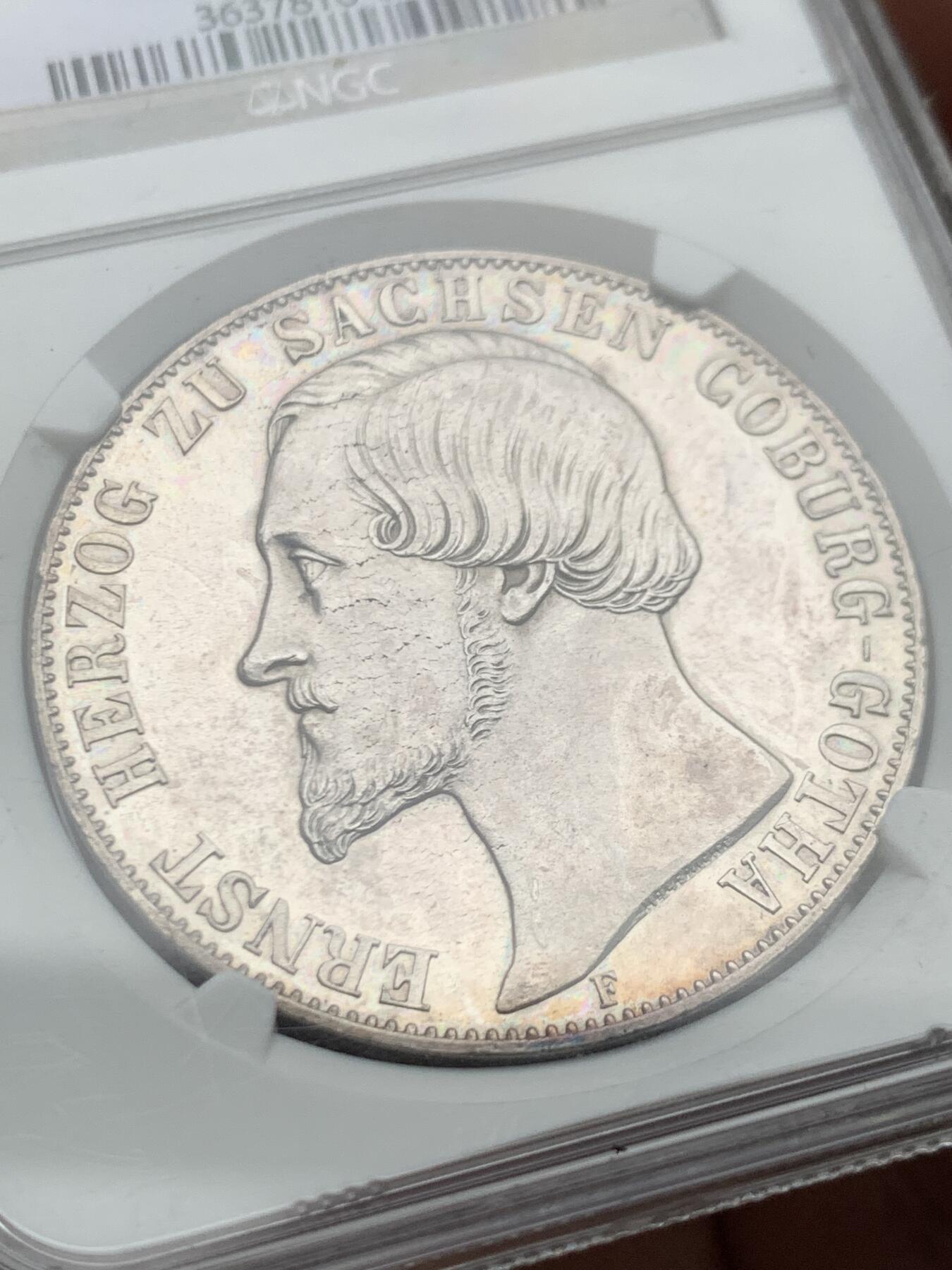 《竞宝斋》第466场 周日，周一 2场连拍 （全场包邮）欢迎送拍 NGC MS62 德国 1854年 萨克森-科堡-哥达公国  欧内斯特二世 2泰勒大银币 值得收藏