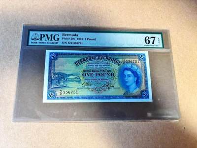 【Blue Auction】世界纸币精拍第789期——18级TOP拍卖/信誉/品质/专业/高效💫 - 【冠军分 较少见c版】百慕大 1957年1镑 大冠女王 PMG67EPQ 高分