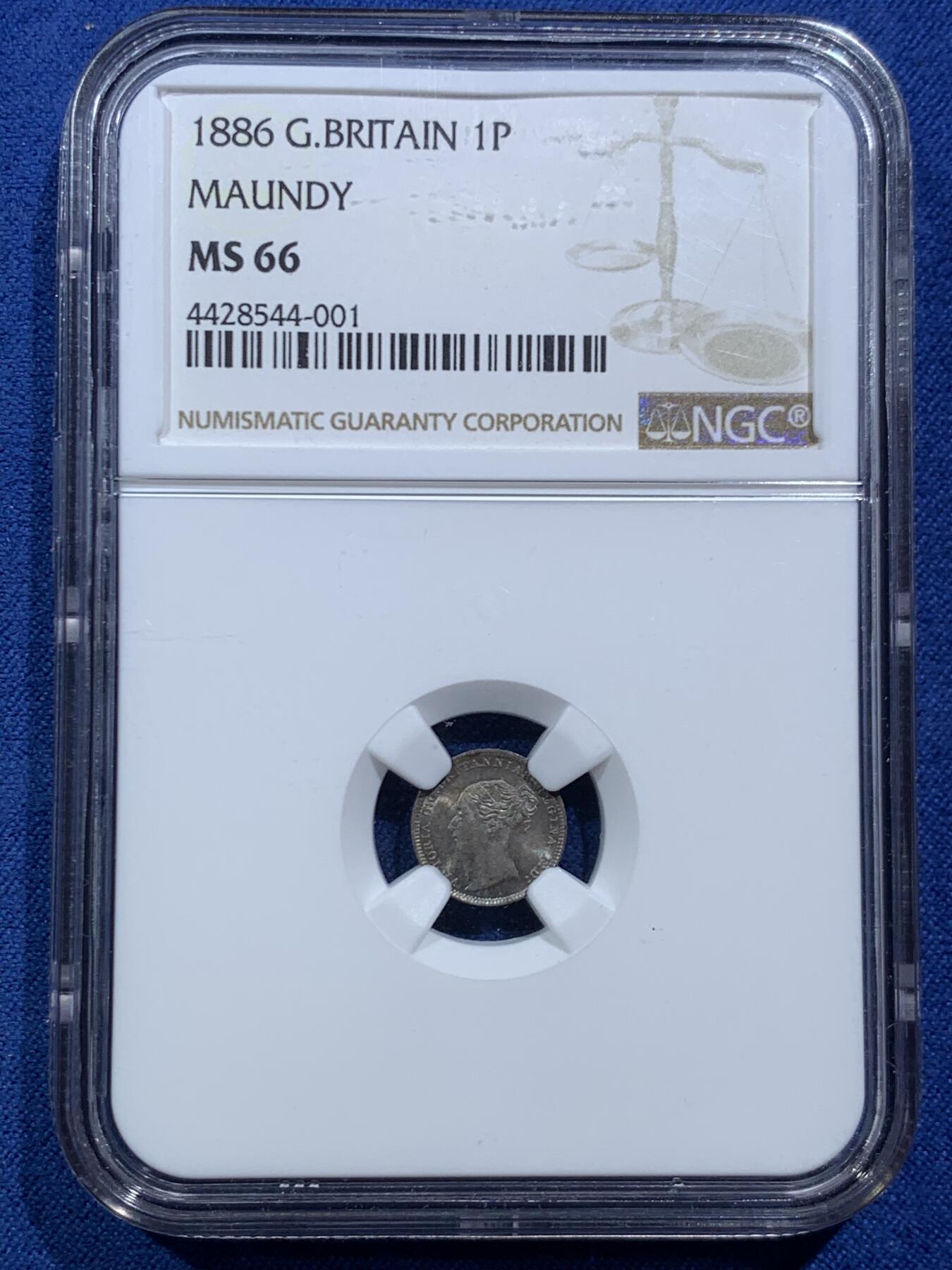 《竞宝斋》第466场 周日，周一 2场连拍 （全场包邮）欢迎送拍 NGC MS64-67 英国1886年小维濯足币1-4便士一套 原盒开出 评级连号 绒盒五彩包浆 状态极好 其中4便士为冠军分 难得