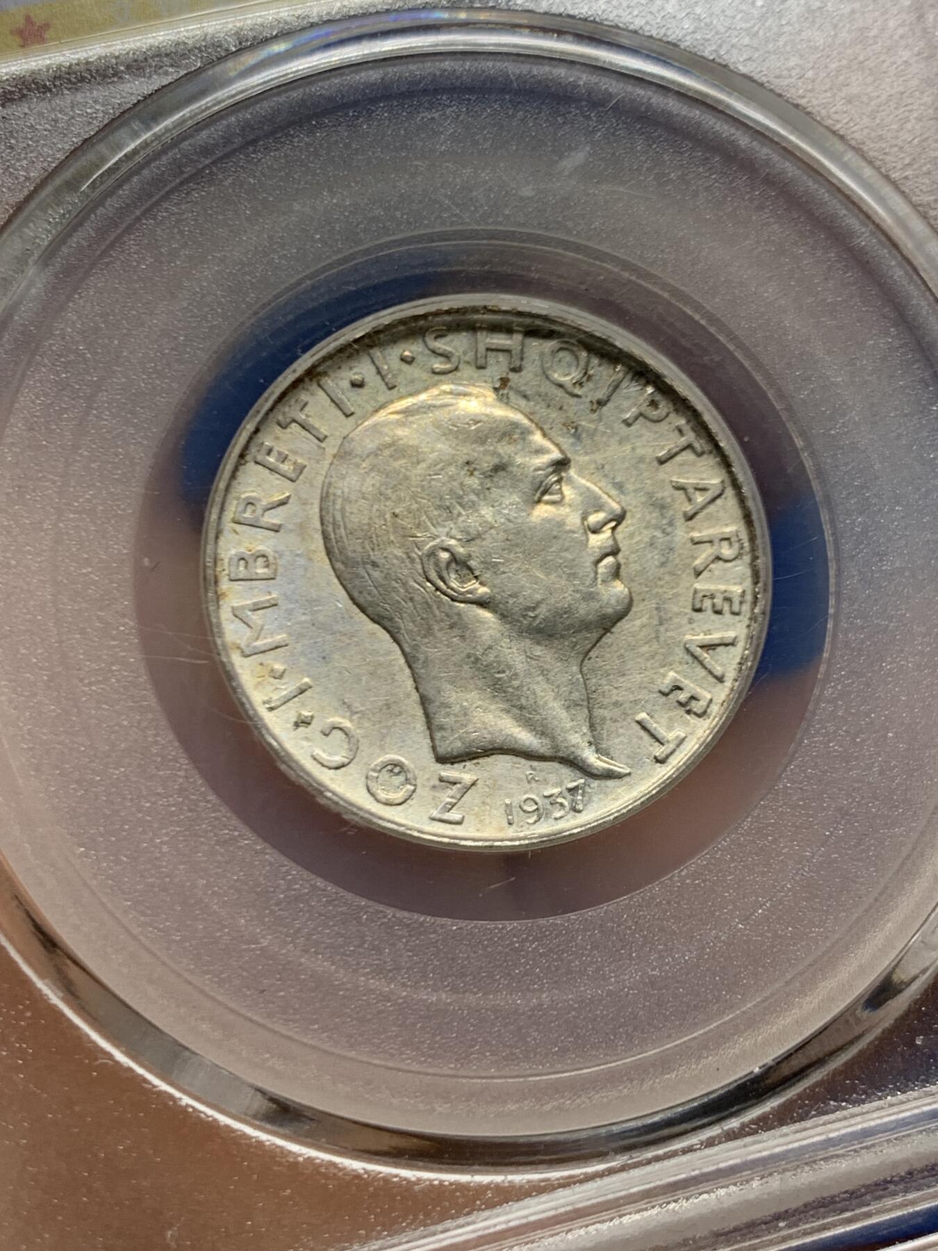 《竞宝斋》第466场 周日，周一 2场连拍 （全场包邮）欢迎送拍 公博 AU58 意属阿尔巴尼亚1937年1法郎银币