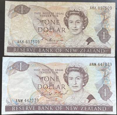 小福收藏拍卖第201期 流通品相裸钞 特惠场 本场拍卖美洲大洋洲非洲亚洲纸币【佣金仅收2% 不设最低佣金 全场包邮】 - 新西兰 1985-89年 1元 1组2张 不同签名