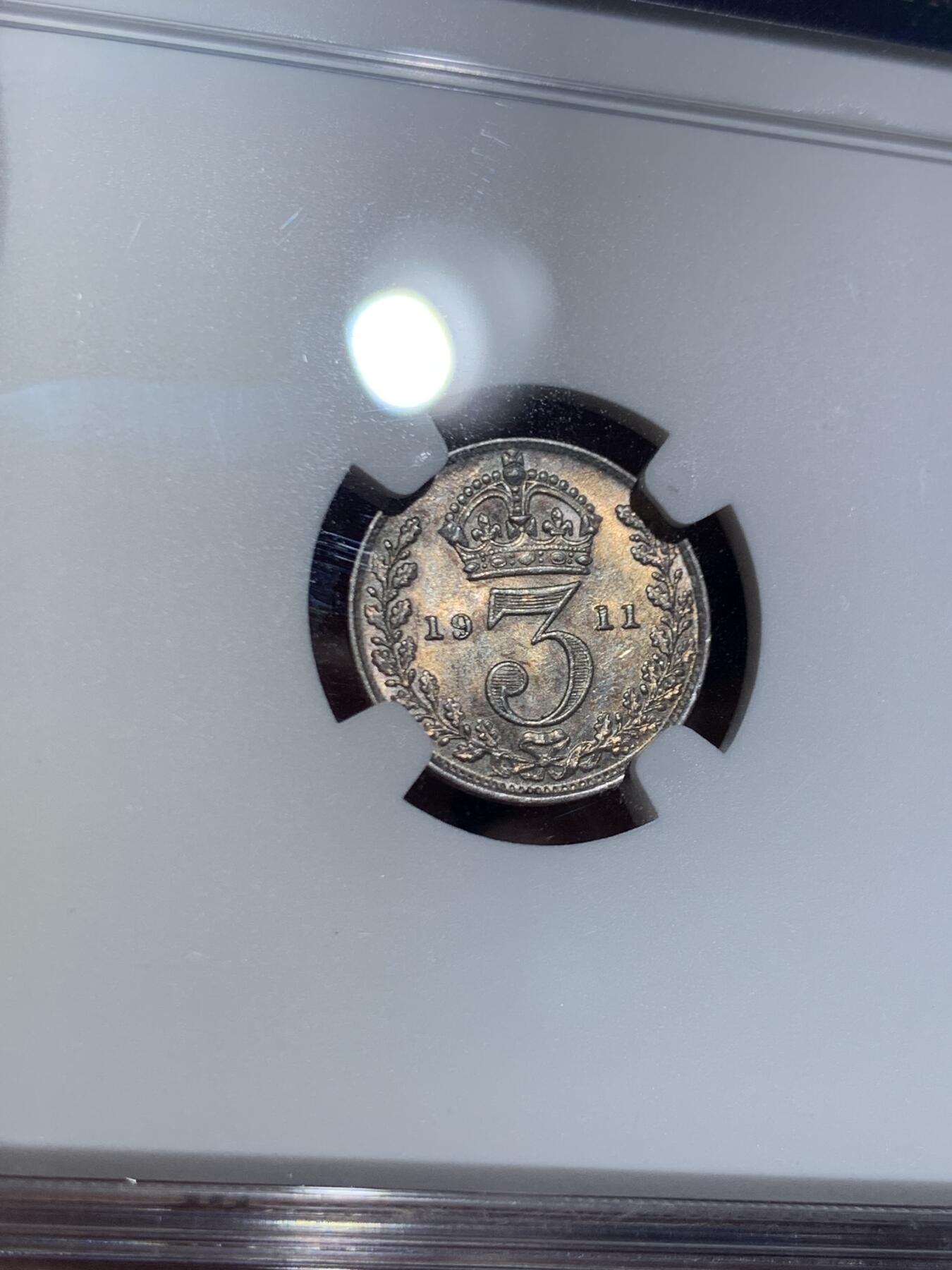 《竞宝斋》第466场 周日，周一 2场连拍 （全场包邮）欢迎送拍 四枚一组 NGC MS62-64 英国1911年乔治五世濯足币1-4便士银币 包浆舒服 评级数量比同年份精制币少很多