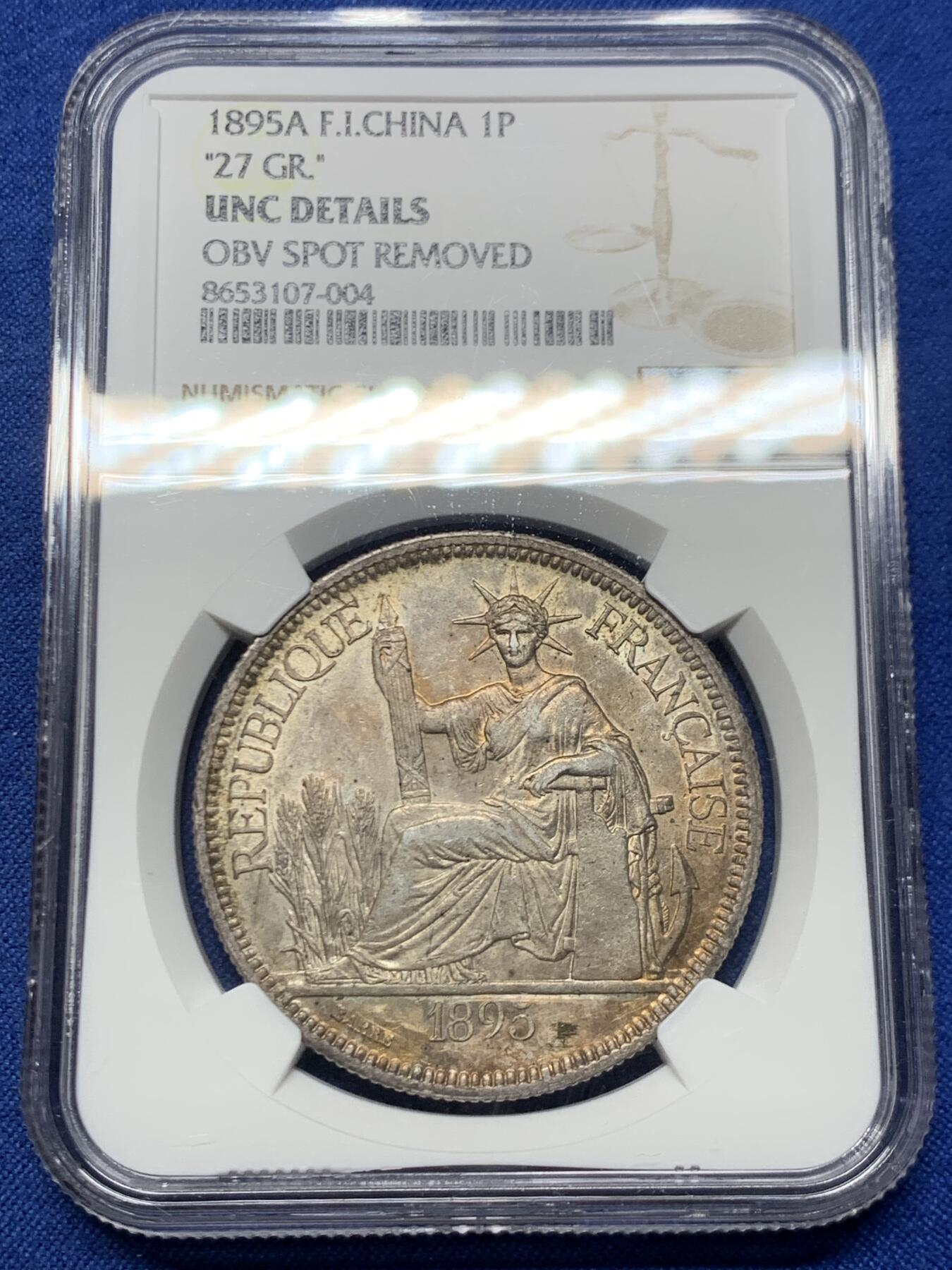 《竞宝斋》第466场 周日，周一 2场连拍 （全场包邮）欢迎送拍 NGC UNCD 法属印支1895A坐洋1皮亚斯特银币