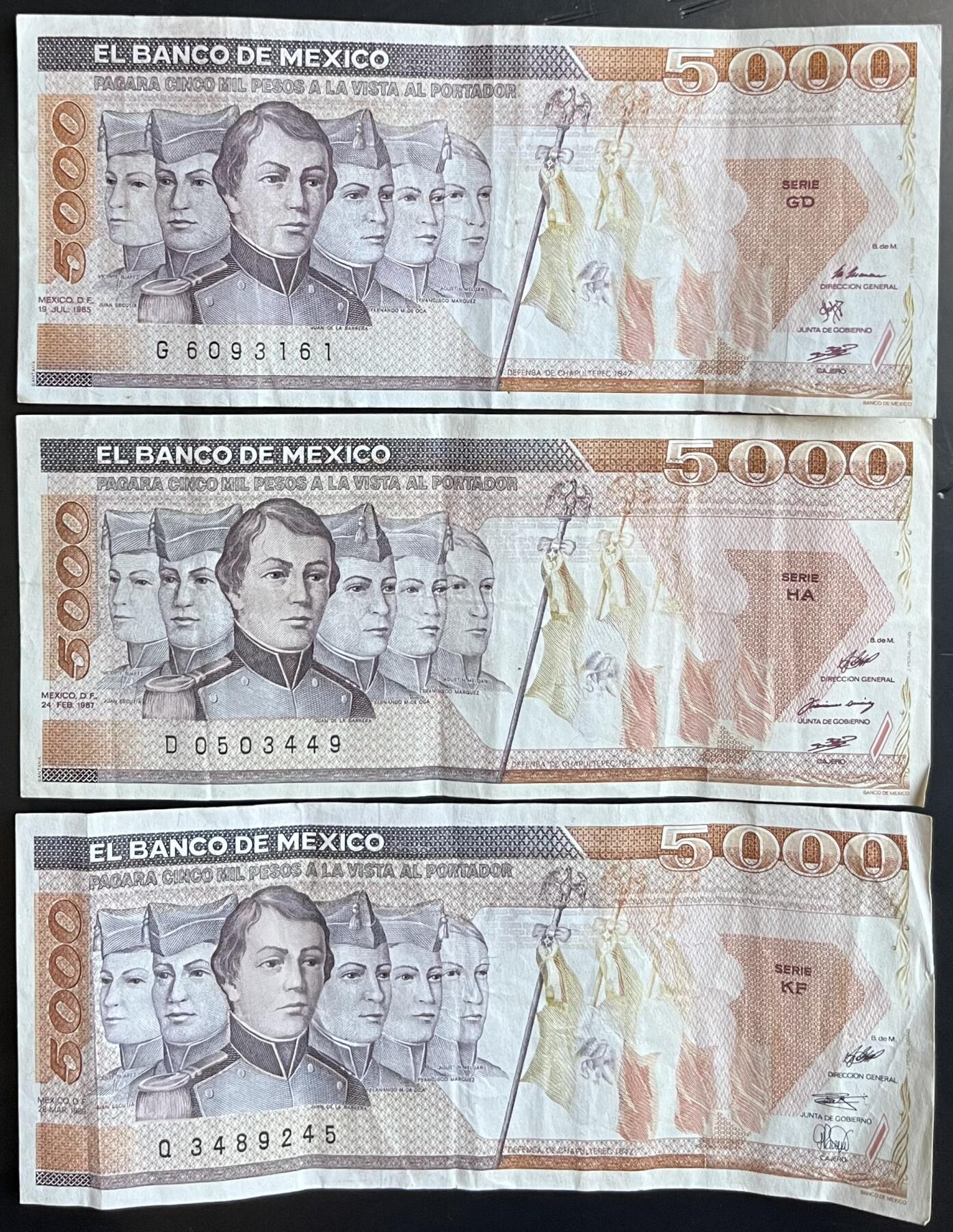 小福收藏拍卖第201期 流通品相裸钞 特惠场 本场拍卖美洲大洋洲非洲亚洲纸币【佣金仅收2% 不设最低佣金 全场包邮】 墨西哥 1985+1987+1989年 5000比索 1组3张 