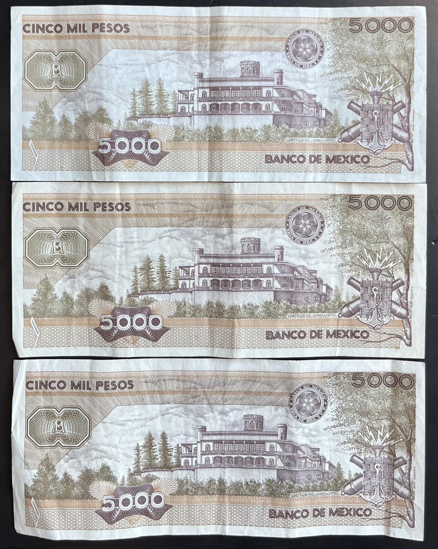 小福收藏拍卖第201期 流通品相裸钞 特惠场 本场拍卖美洲大洋洲非洲亚洲纸币【佣金仅收2% 不设最低佣金 全场包邮】 墨西哥 1985+1987+1989年 5000比索 1组3张 