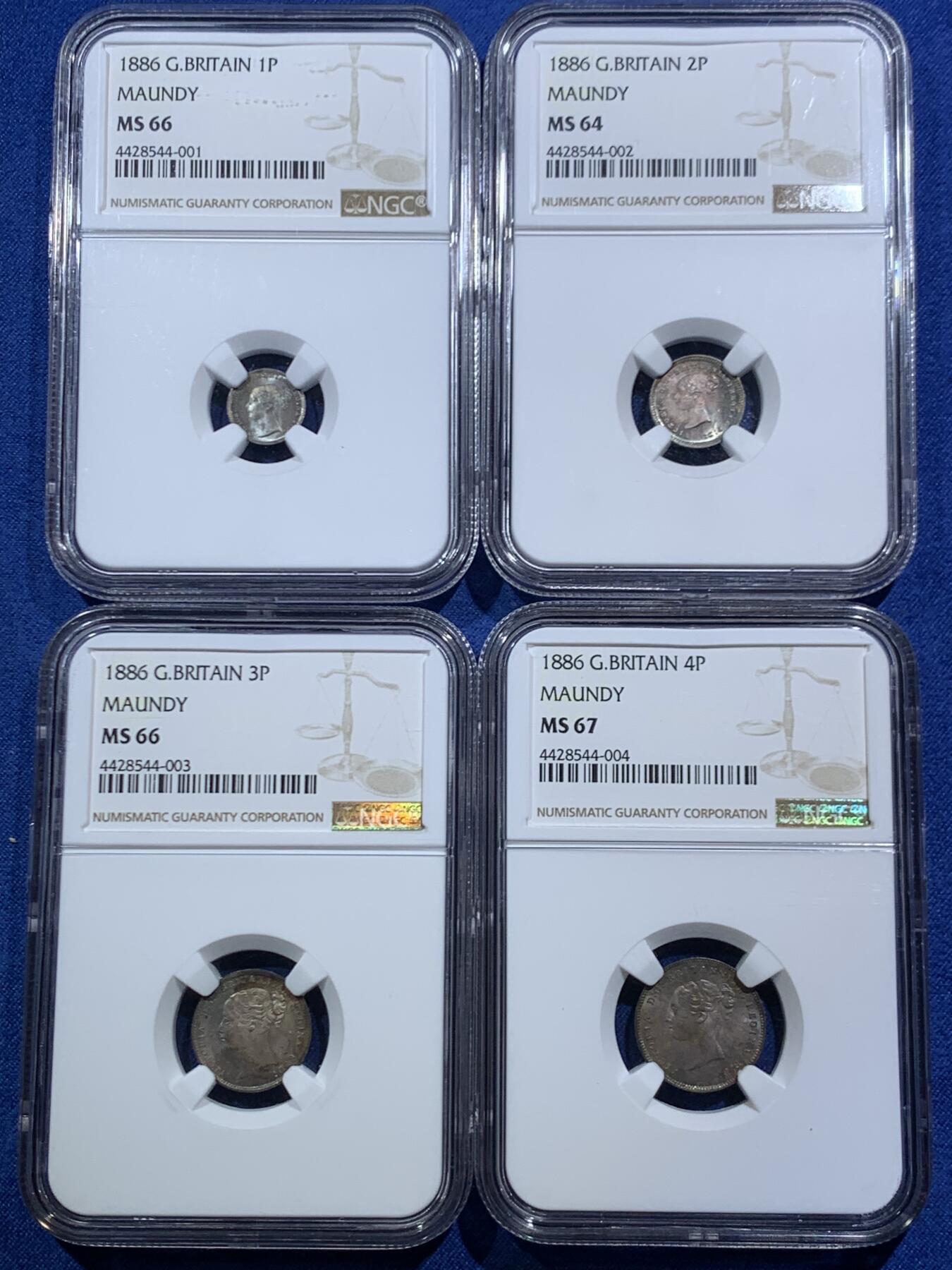 《竞宝斋》第466场 周日，周一 2场连拍 （全场包邮）欢迎送拍 NGC MS64-67 英国1886年小维濯足币1-4便士一套 原盒开出 评级连号 绒盒五彩包浆 状态极好 其中4便士为冠军分 难得