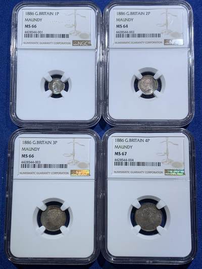 《竞宝斋》第466场 周日，周一 2场连拍 （全场包邮）欢迎送拍 - NGC MS64-67 英国1886年小维濯足币1-4便士一套 原盒开出 评级连号 绒盒五彩包浆 状态极好 其中4便士为冠军分 难得
