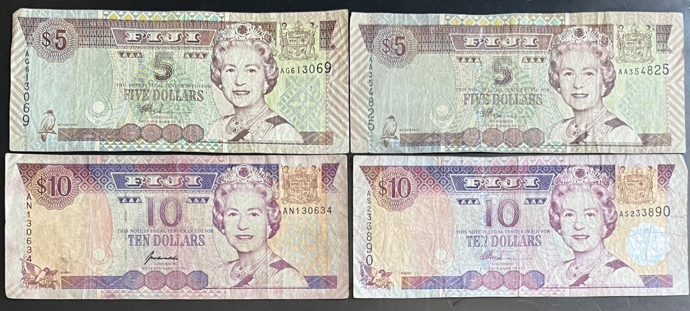 小福收藏拍卖第201期 流通品相裸钞 特惠场 本场拍卖美洲大洋洲非洲亚洲纸币【佣金仅收2% 不设最低佣金 全场包邮】 斐济 5+10元 1组4张 