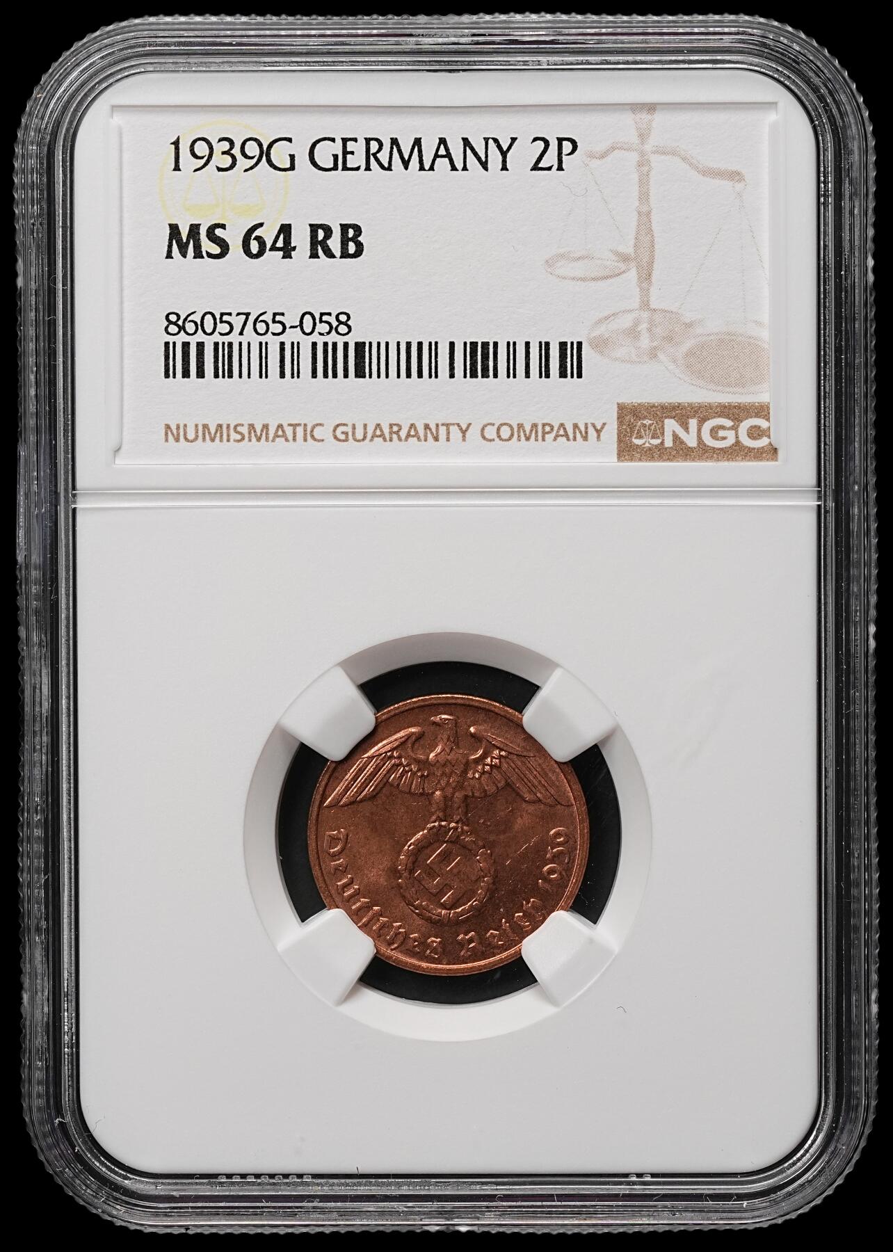 修遠堂世界钱币第106期，请看参拍说明 NGC MS64RB 1939年德国2芬尼铜币 G厂铭
