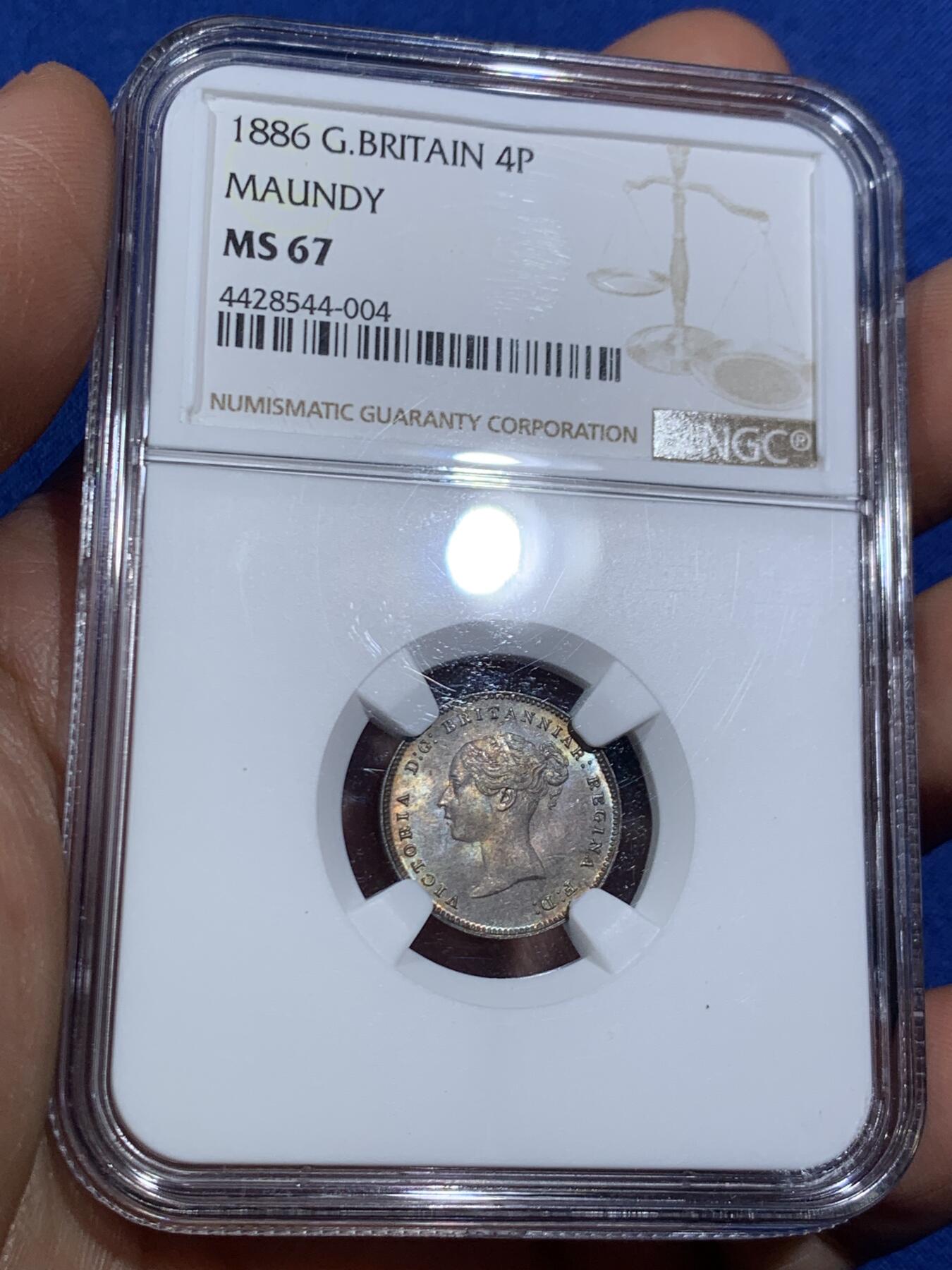 《竞宝斋》第466场 周日，周一 2场连拍 （全场包邮）欢迎送拍 NGC MS64-67 英国1886年小维濯足币1-4便士一套 原盒开出 评级连号 绒盒五彩包浆 状态极好 其中4便士为冠军分 难得