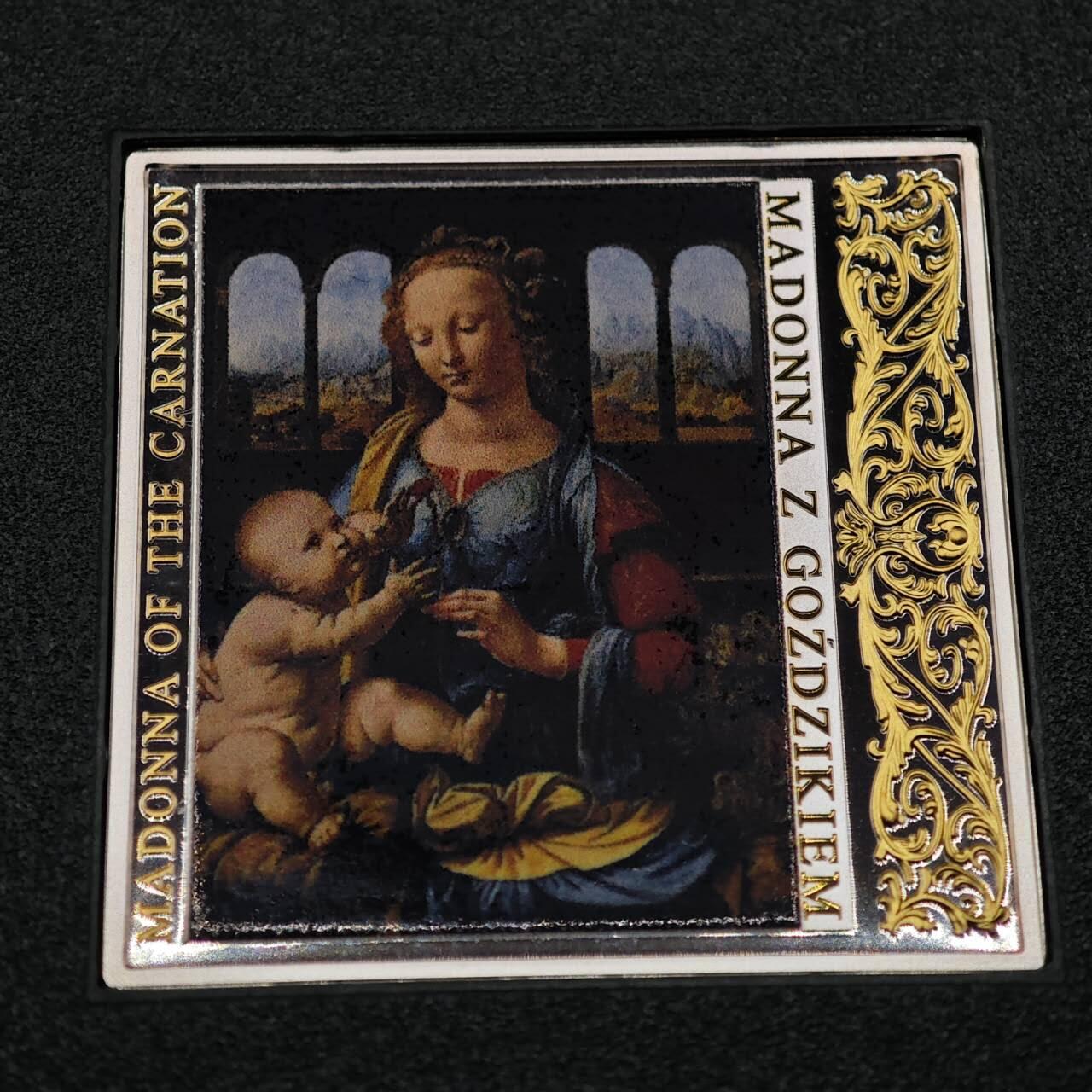 【淘币小摊】实时拍第八百七十三拍   银币套币场    每周一统一发货 纽埃2014年1元彩色部分镀金方形精制银币 文艺复兴名画系列-康乃馨的圣母（达芬奇） 28.28克999银 发行量：1999 盒证全