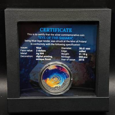 【淘币小摊】实时拍第八百七十三拍   银币套币场    每周一统一发货 - 纽埃2016年2元彩色仿古银币 撒哈拉之眼 1盎司999银 发行量：999 盒证全 （波兰铸）